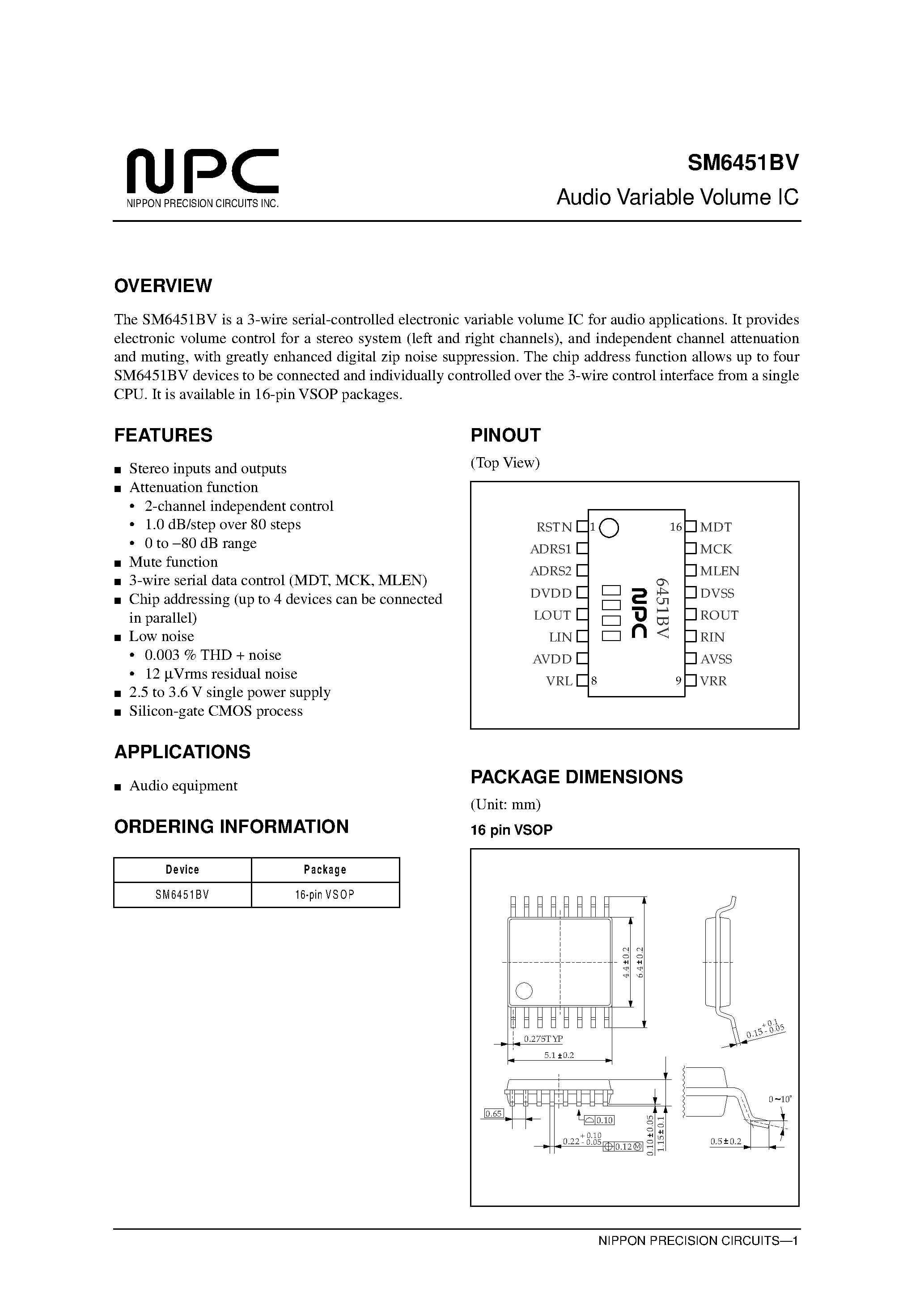 Datasheet SM6451 - Audio Variable Volume IC page 1