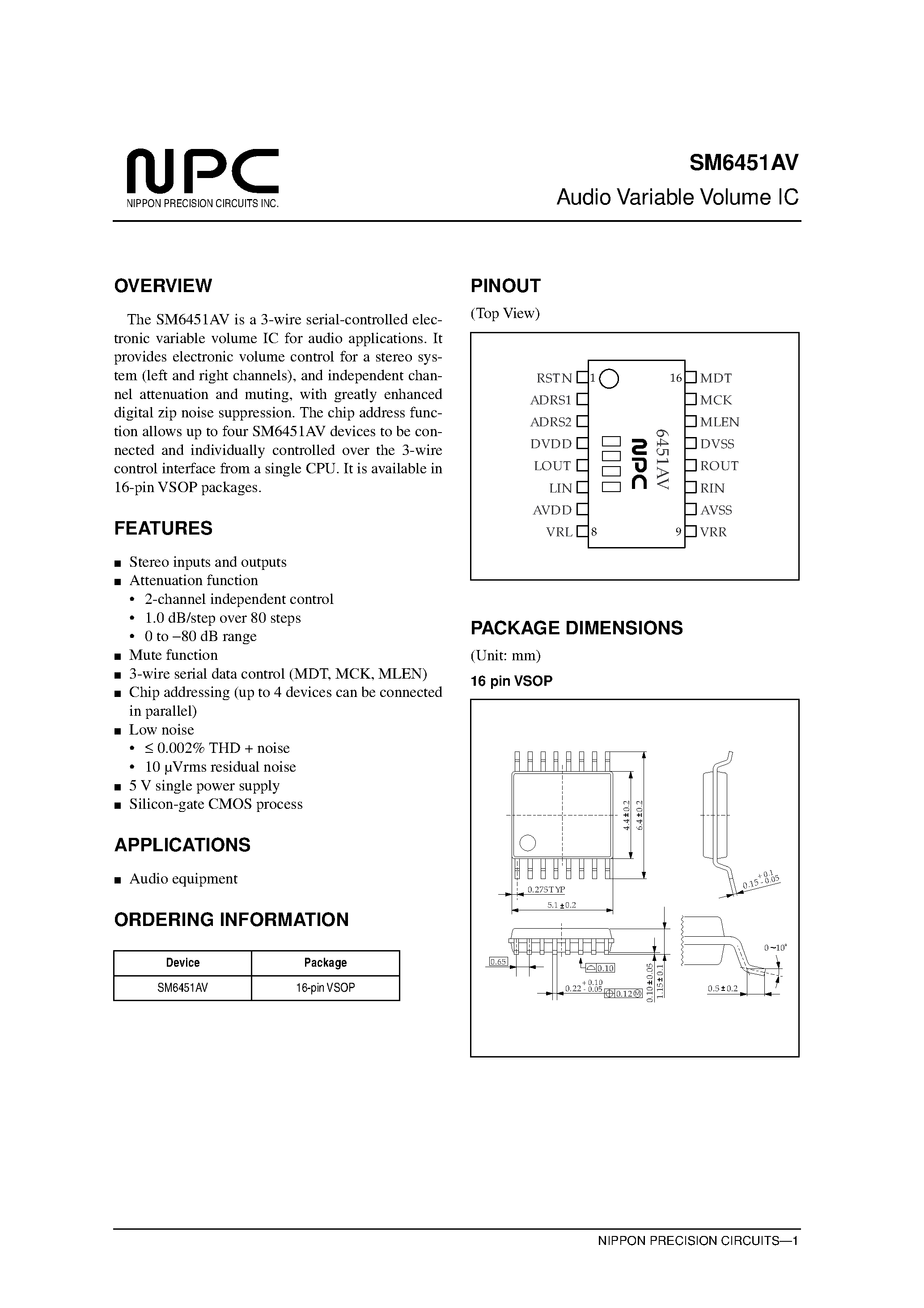 Datasheet SM6451AVNIPPON page 1 Datasheet SM6451AVNIPPON - Audio Variable Volume IC page 1