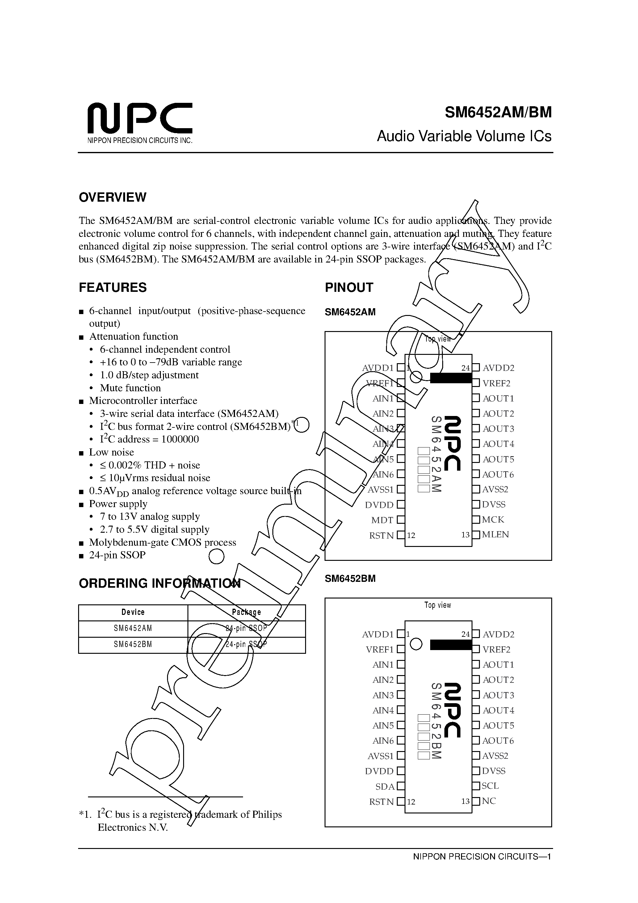 Datasheet SM6452AM page 1 Datasheet SM6452AM - Audio Variable Volume ICs page 1