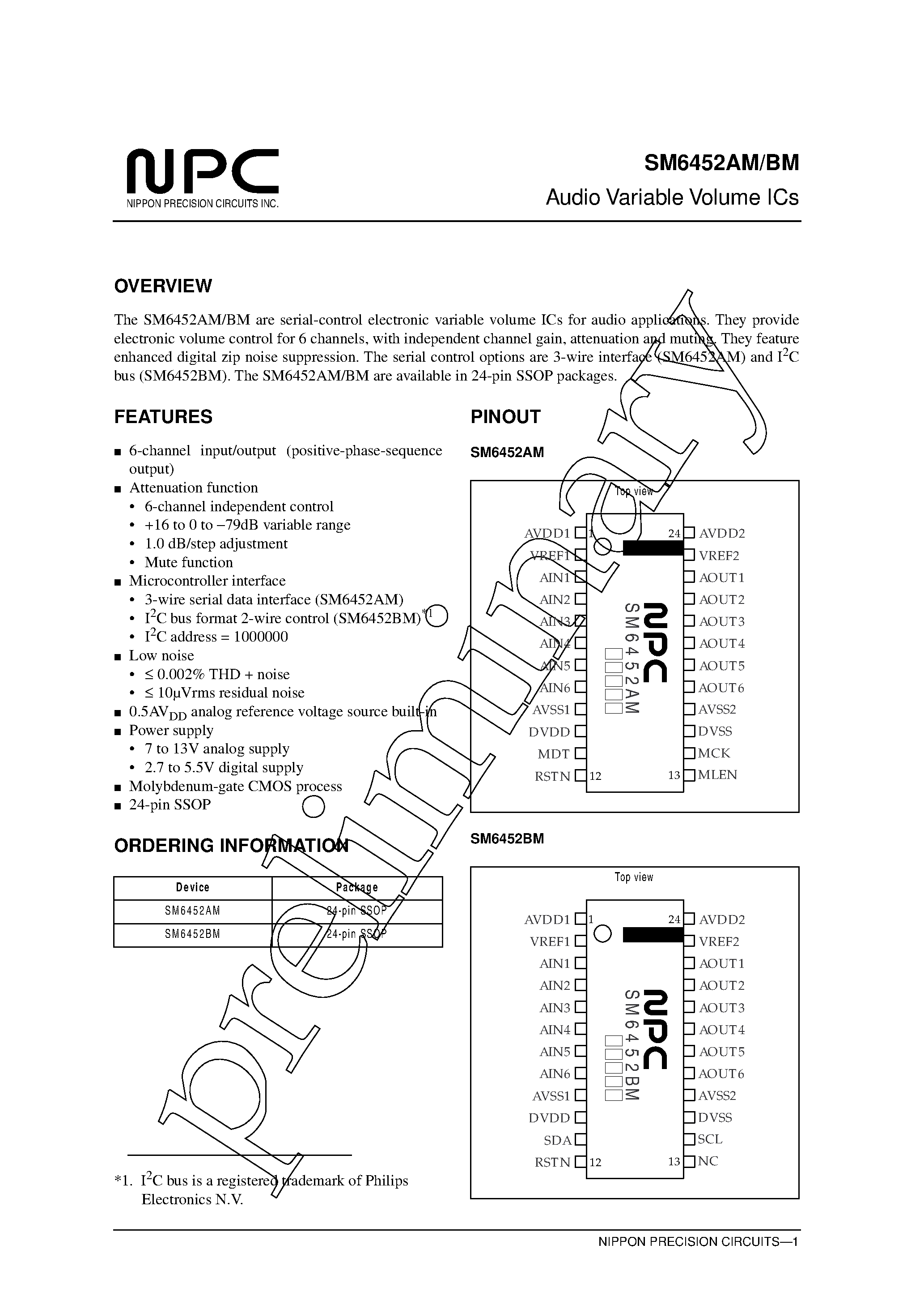 Datasheet SM6452AM - Audio Variable Volume ICs page 1
