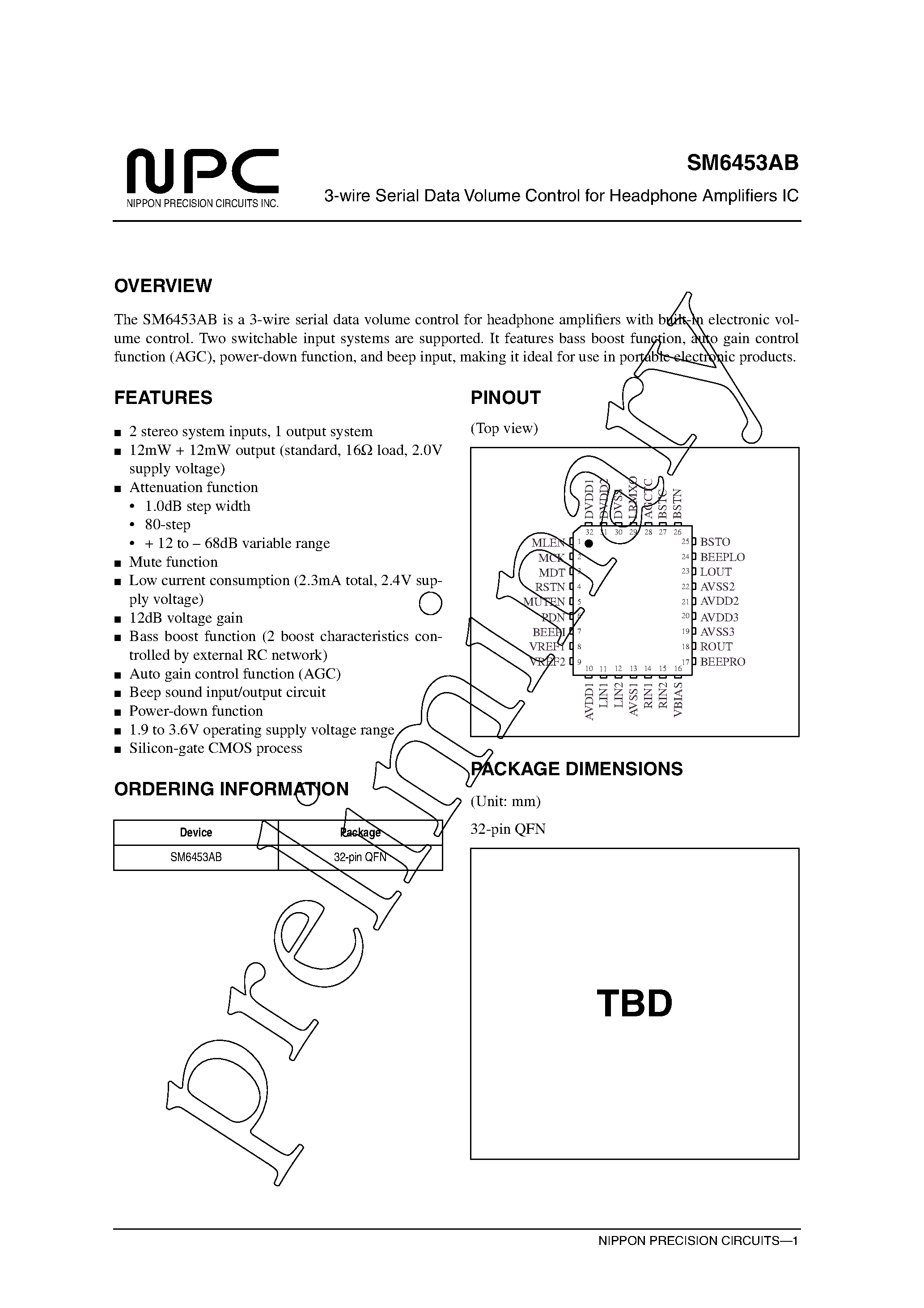 Datasheet SM6453AB page 1 Datasheet SM6453AB - 3-wire Serial Data Volume Control for Headphone Amplifiers IC page 1