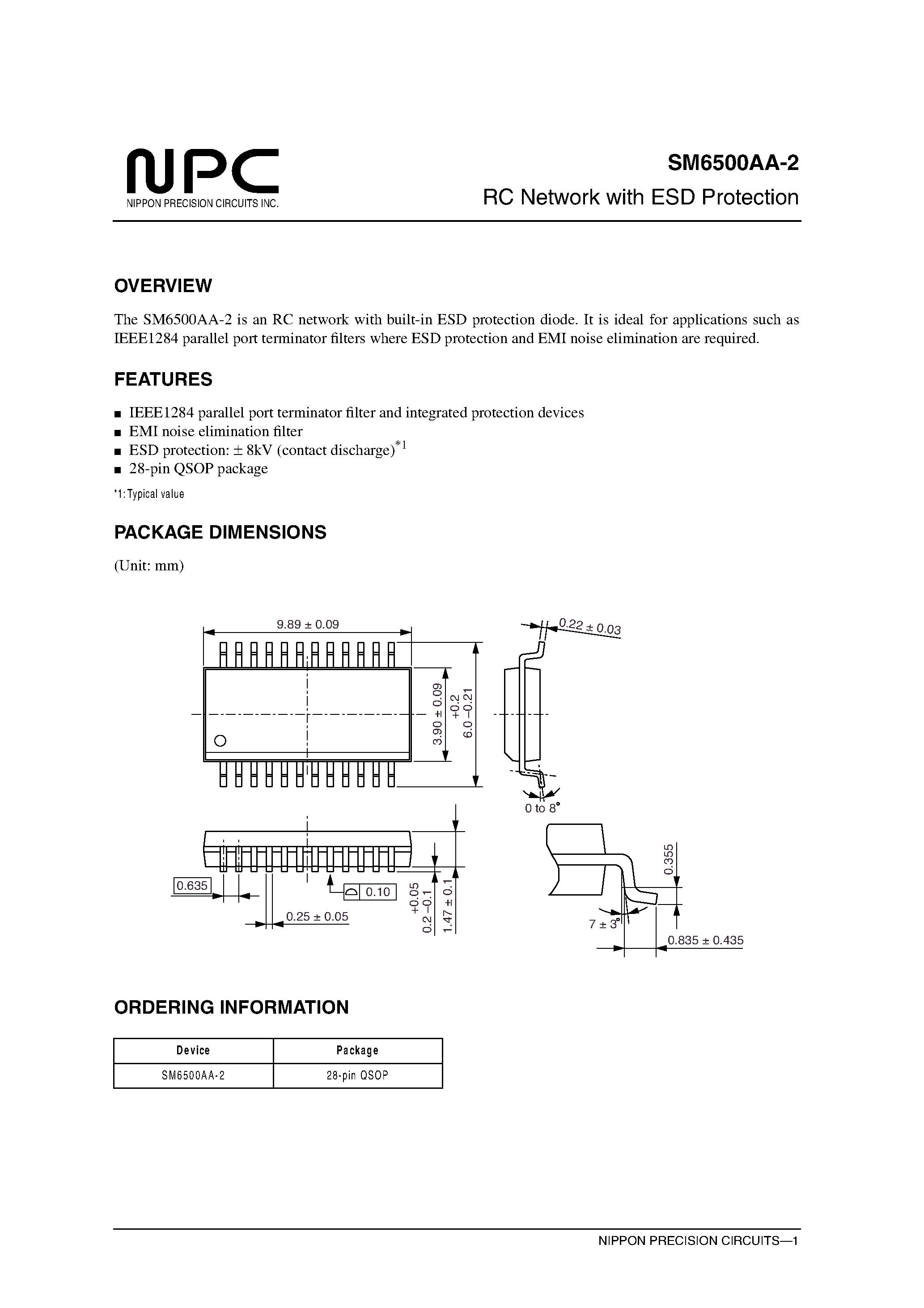 Datasheet SM6500AA-2 page 1 Datasheet SM6500AA-2 - RC Network with ESD Protection page 1
