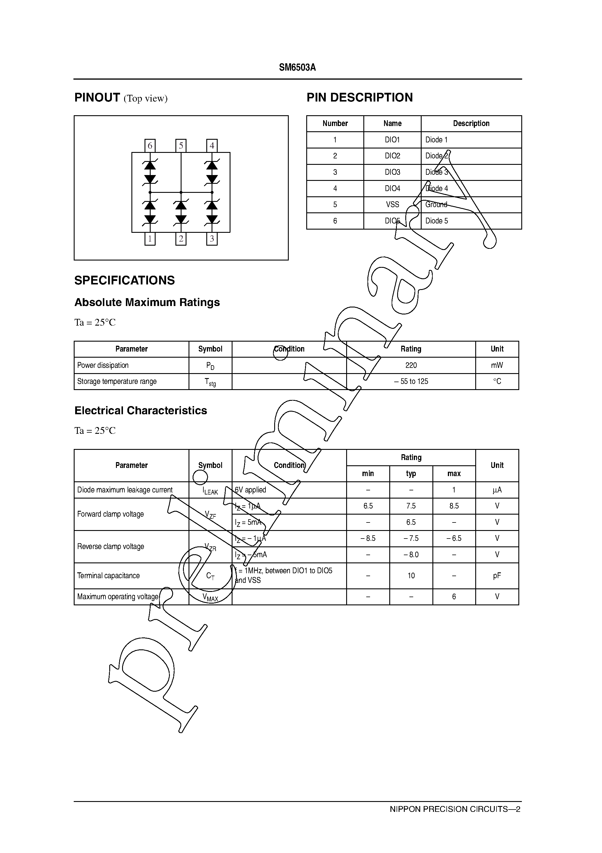 Datasheet SM6503A page 2 Datasheet SM6503A - Diode Array for ESD Protection page 2