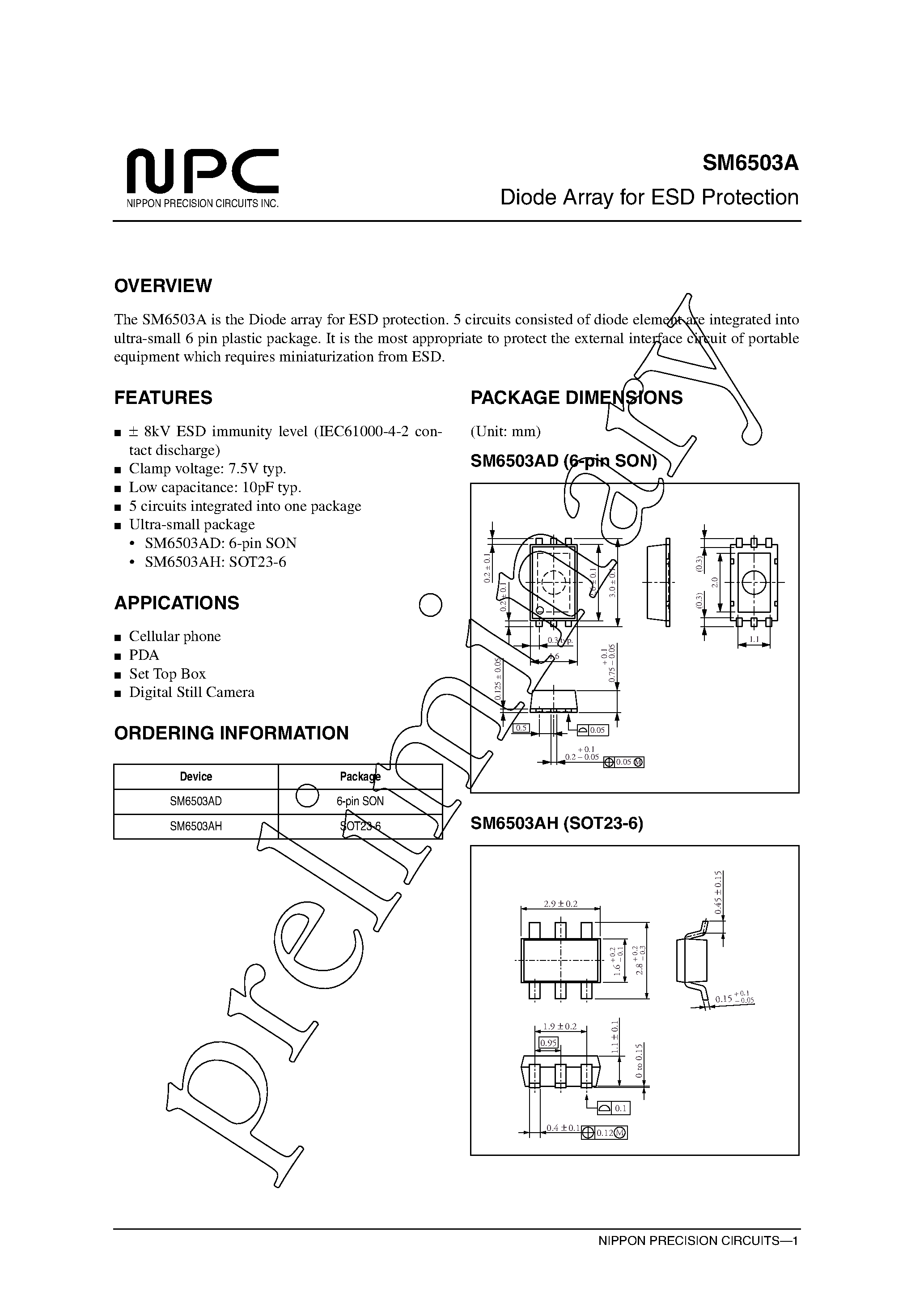 Datasheet SM6503AH page 1 Datasheet SM6503AH - Diode Array for ESD Protection page 1