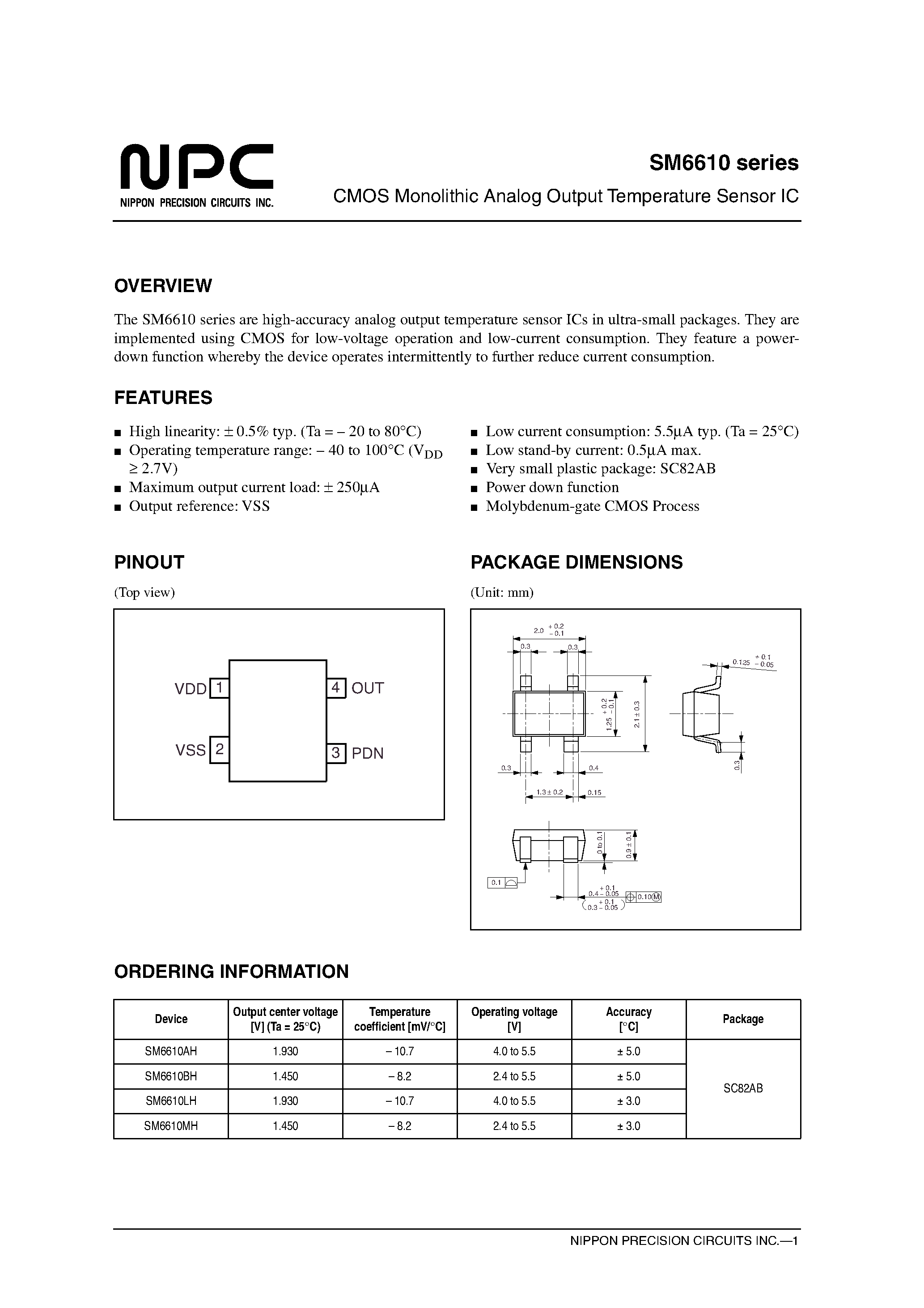 Datasheet SM6610 page 1 Datasheet SM6610 - CMOS Monolithic Analog Output Temperature Sensor IC page 1