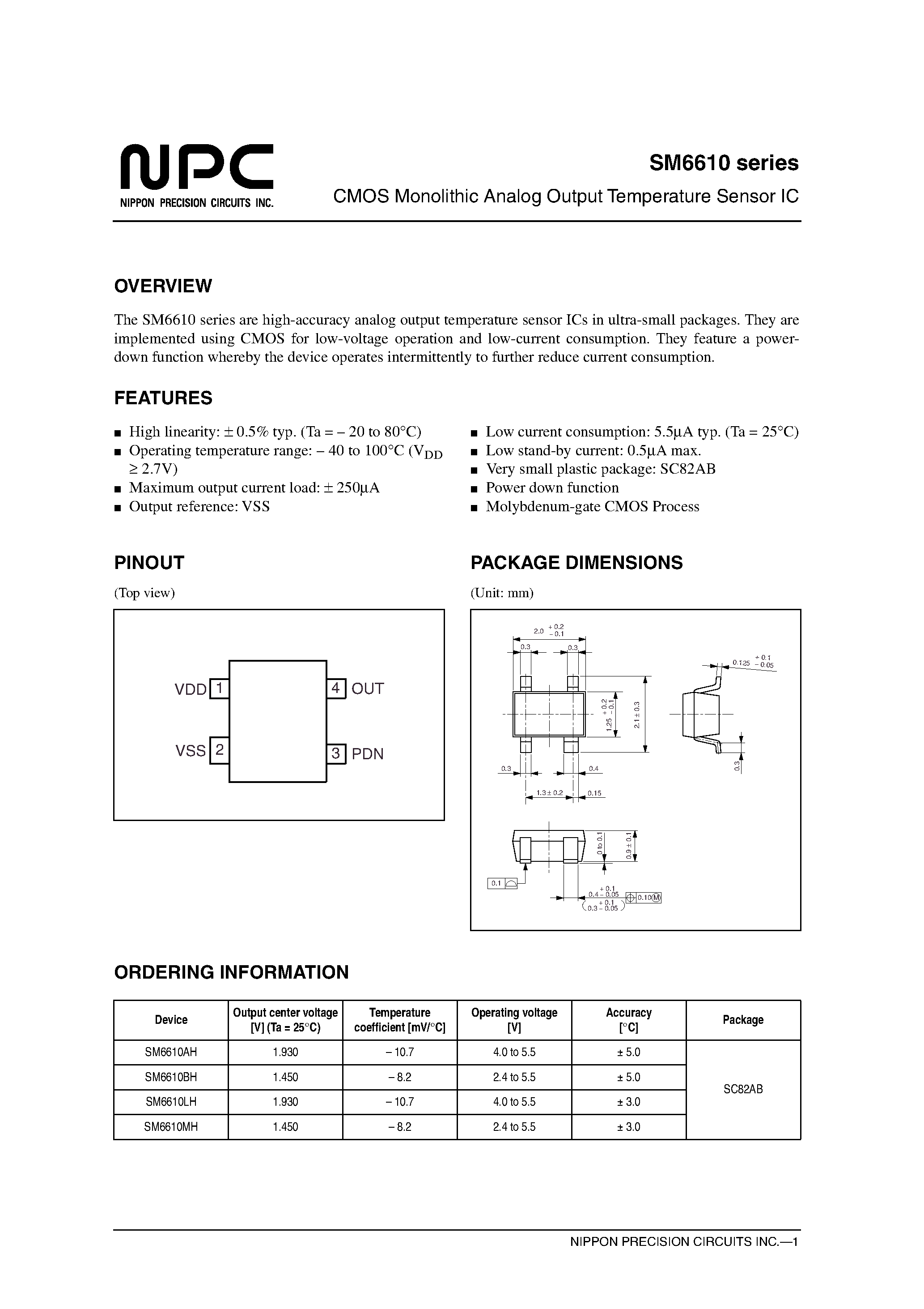Даташит SM6610 - CMOS Monolithic Analog Output Temperature Sensor IC страница 1