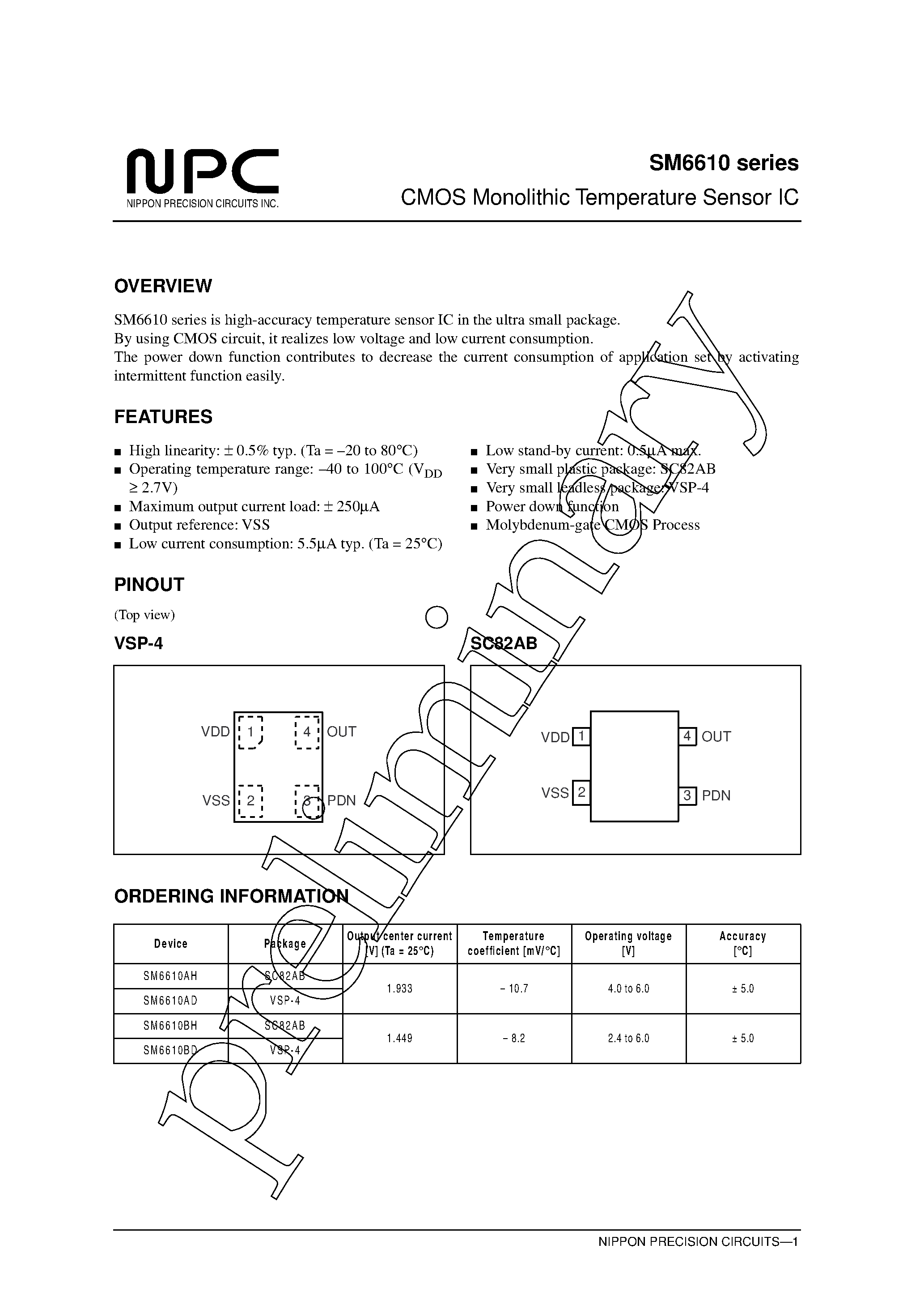 Datasheet SM6610AH page 1 Datasheet SM6610AH - CMOS Monolithic Analog Output Temperature Sensor IC page 1