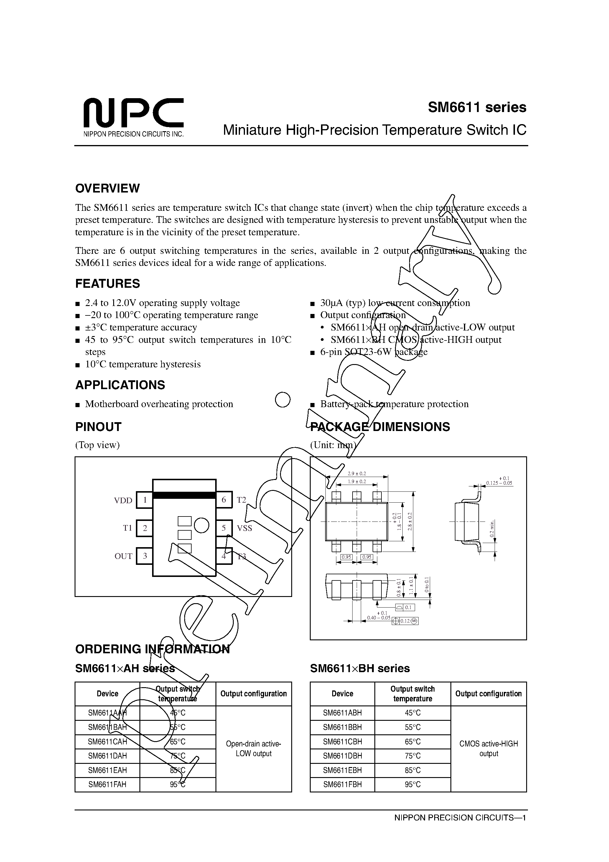 Datasheet SM6611 page 1 Datasheet SM6611 - Miniature High-Precision Temperature Switch IC page 1