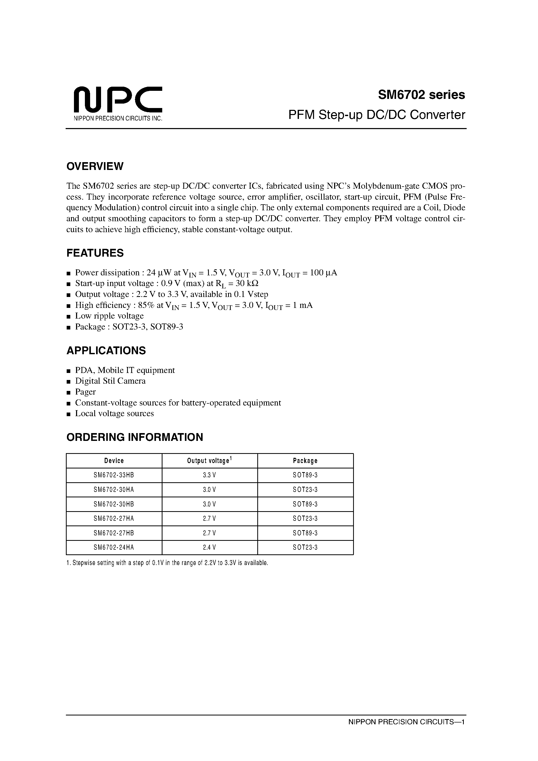 Datasheet SM6702-27HB page 1 Datasheet SM6702-27HB - PFM Step-up DC/DC Converter page 1