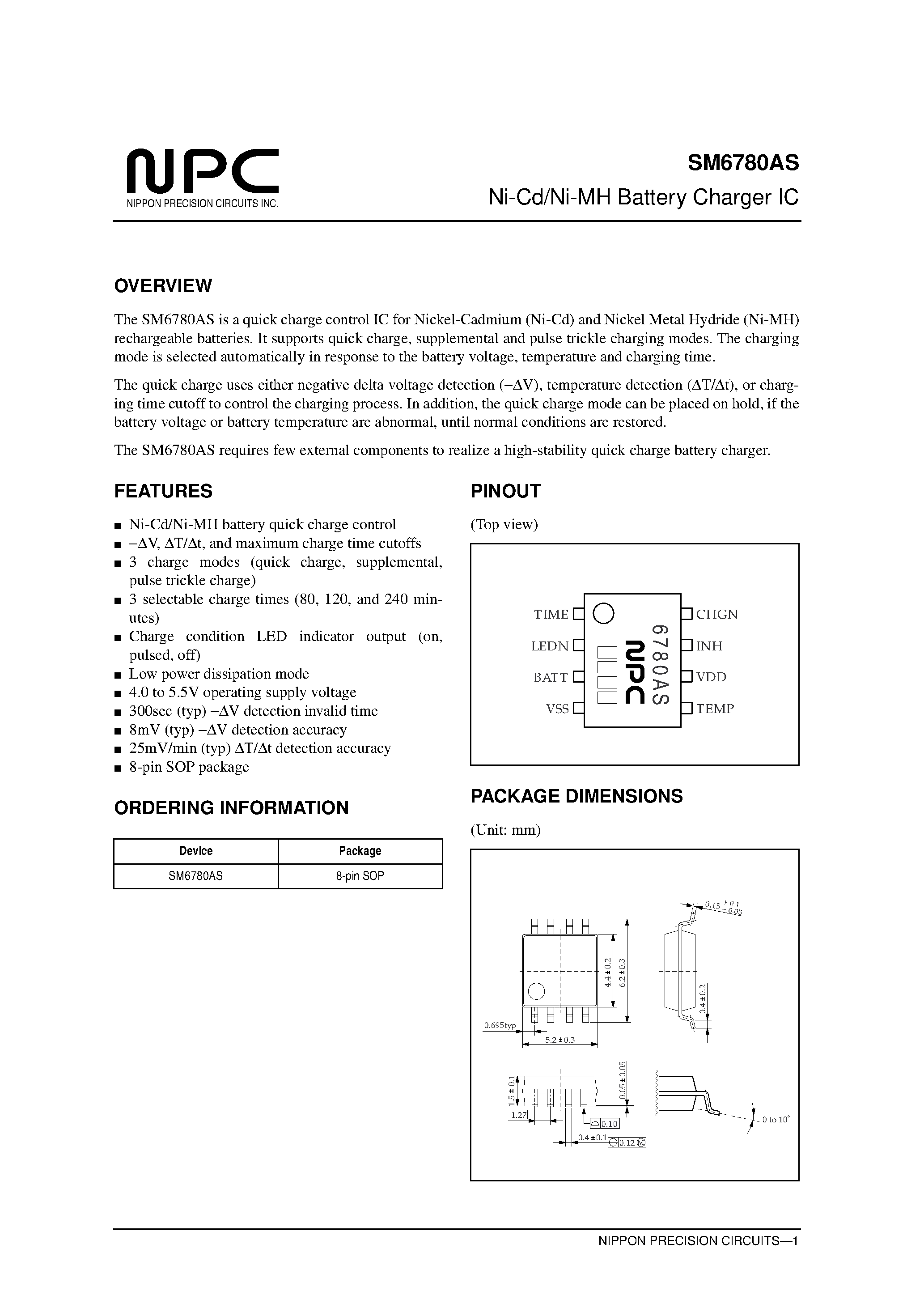 Datasheet SM6780AS page 1 Datasheet SM6780AS - Ni-Cd/Ni-MH Battery Charger IC page 1