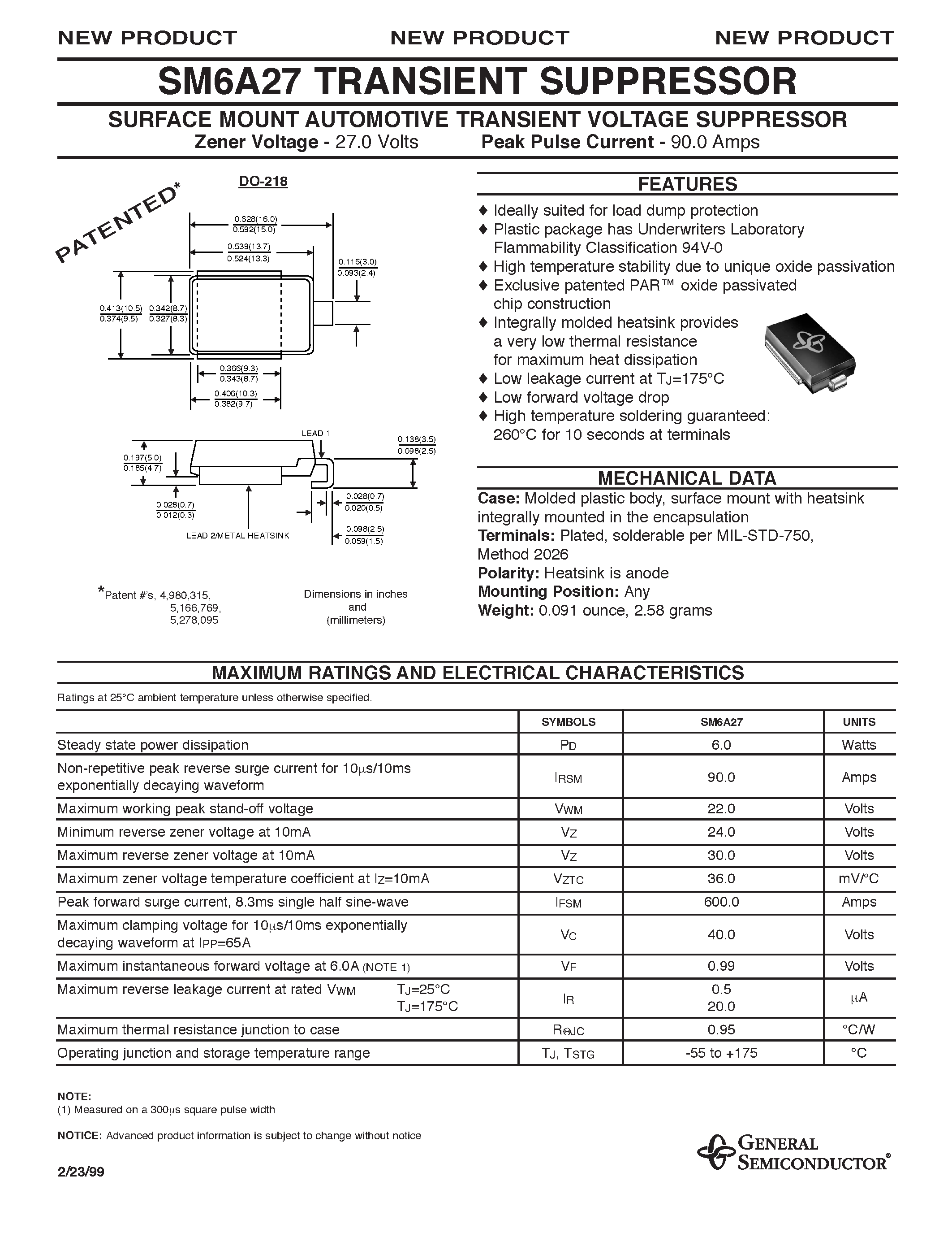 Datasheet SM6A27 page 1 Datasheet SM6A27 - SURFACE MOUNT AUTOMOTIVE TRANSIENT VOLTAGE SUPPRESSOR page 1