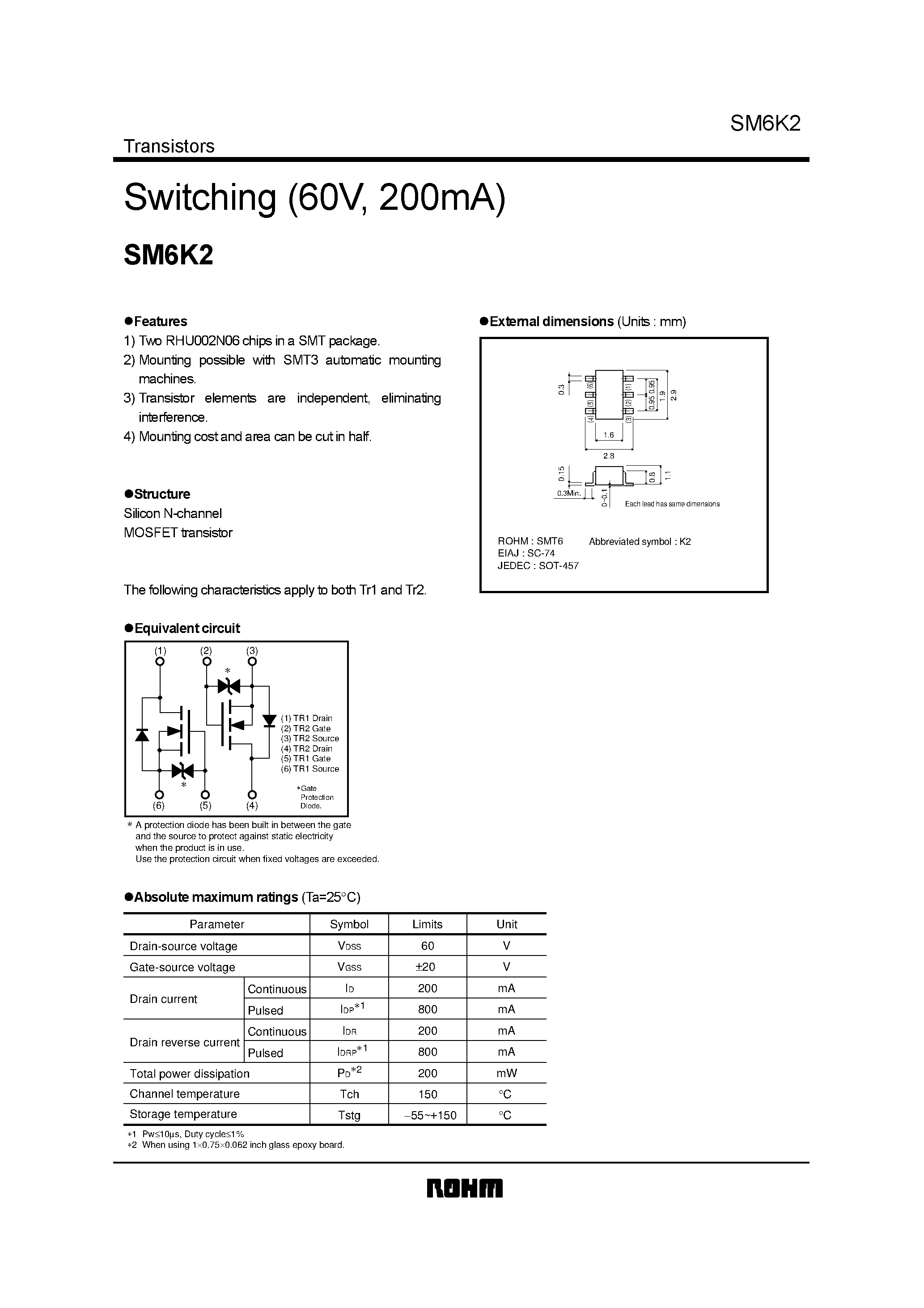 Datasheet SM6K2 page 1 Datasheet SM6K2 - Switching (60V/ 200mA) page 1