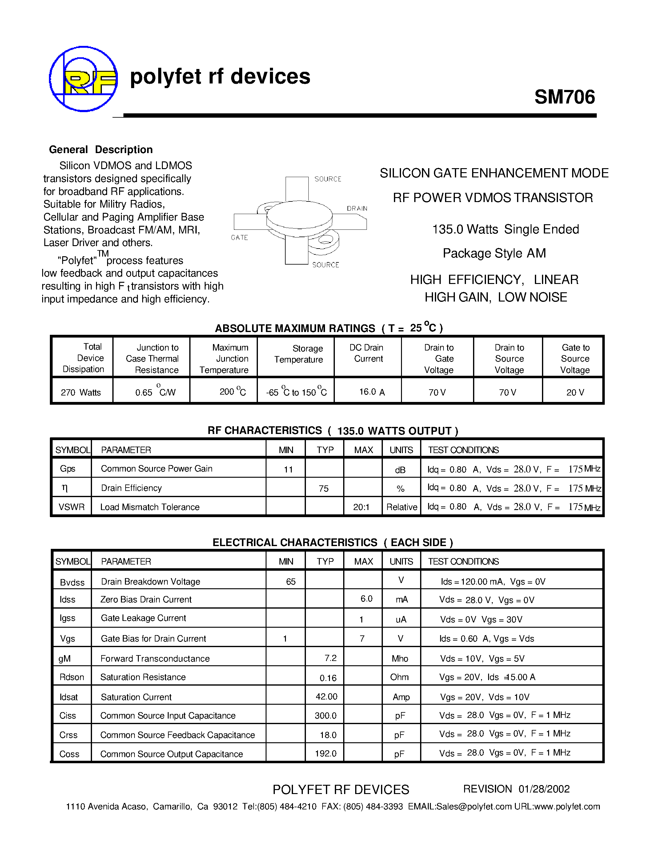 Даташит на микросхему SM706 страница 1 Даташит SM706 - SILICON GATE ENHANCEMENT MODE RF POWER VDMOS TRANSISTOR страница 1