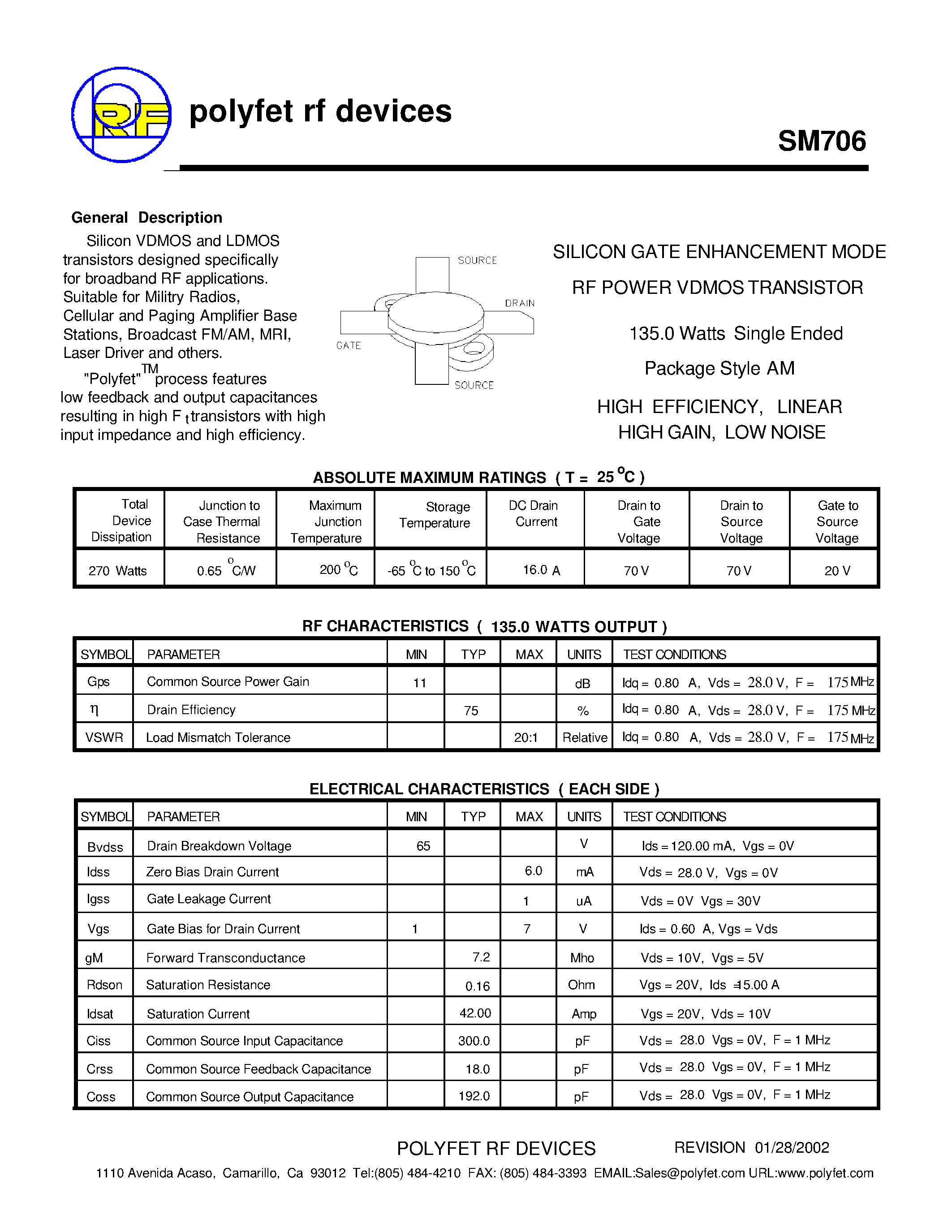 Datasheet SM706 - SILICON GATE ENHANCEMENT MODE RF POWER VDMOS TRANSISTOR page 1