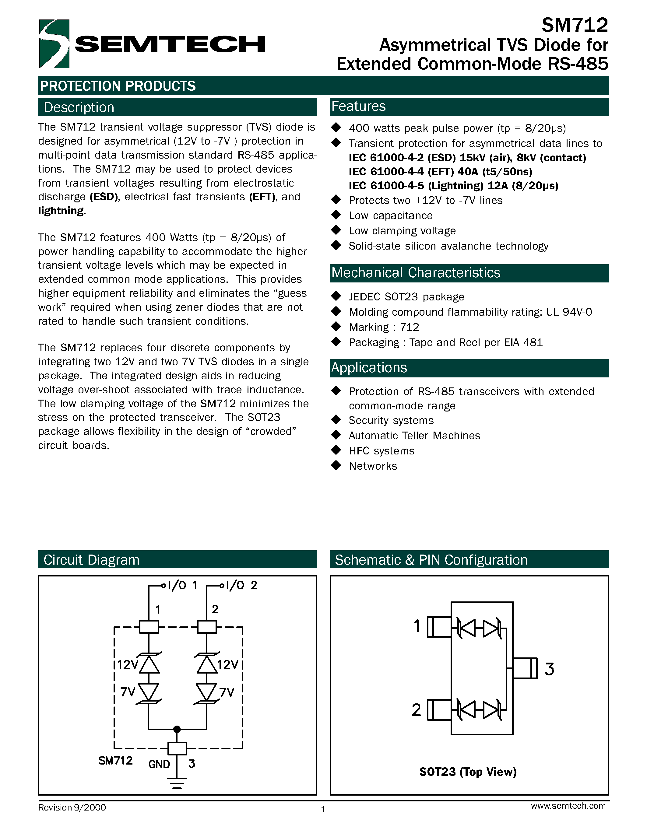 Datasheet SM712 - Asymmetrical TVS Diode for Extended Common-Mode RS-485 page 1
