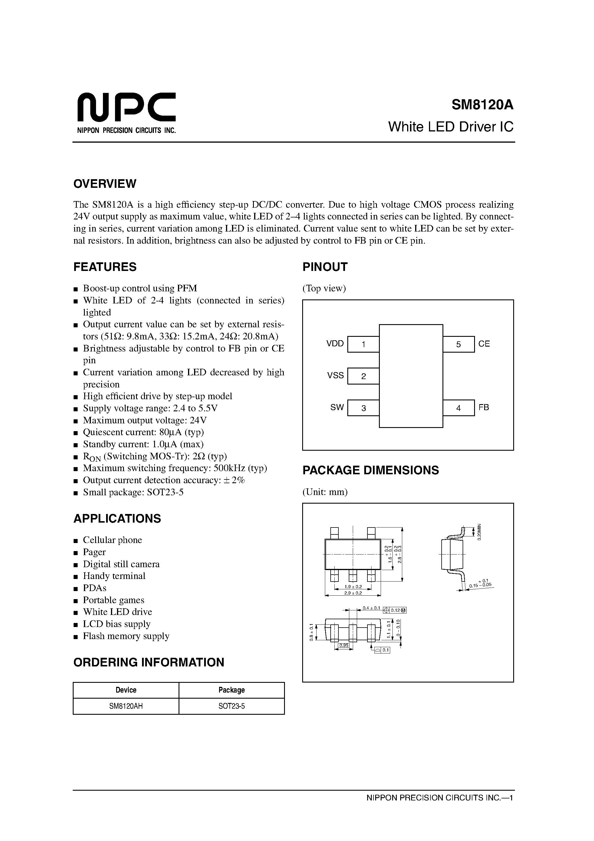 Datasheet SM8120AH - White LED Driver IC page 1