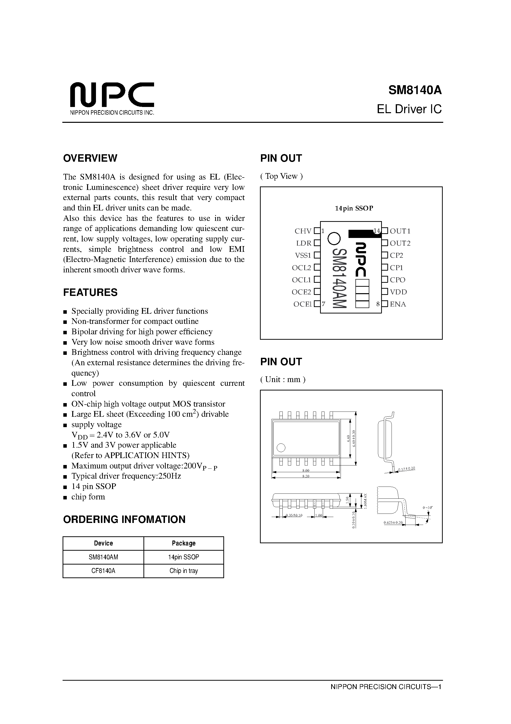 Datasheet SM8140A - EL Driver IC page 1