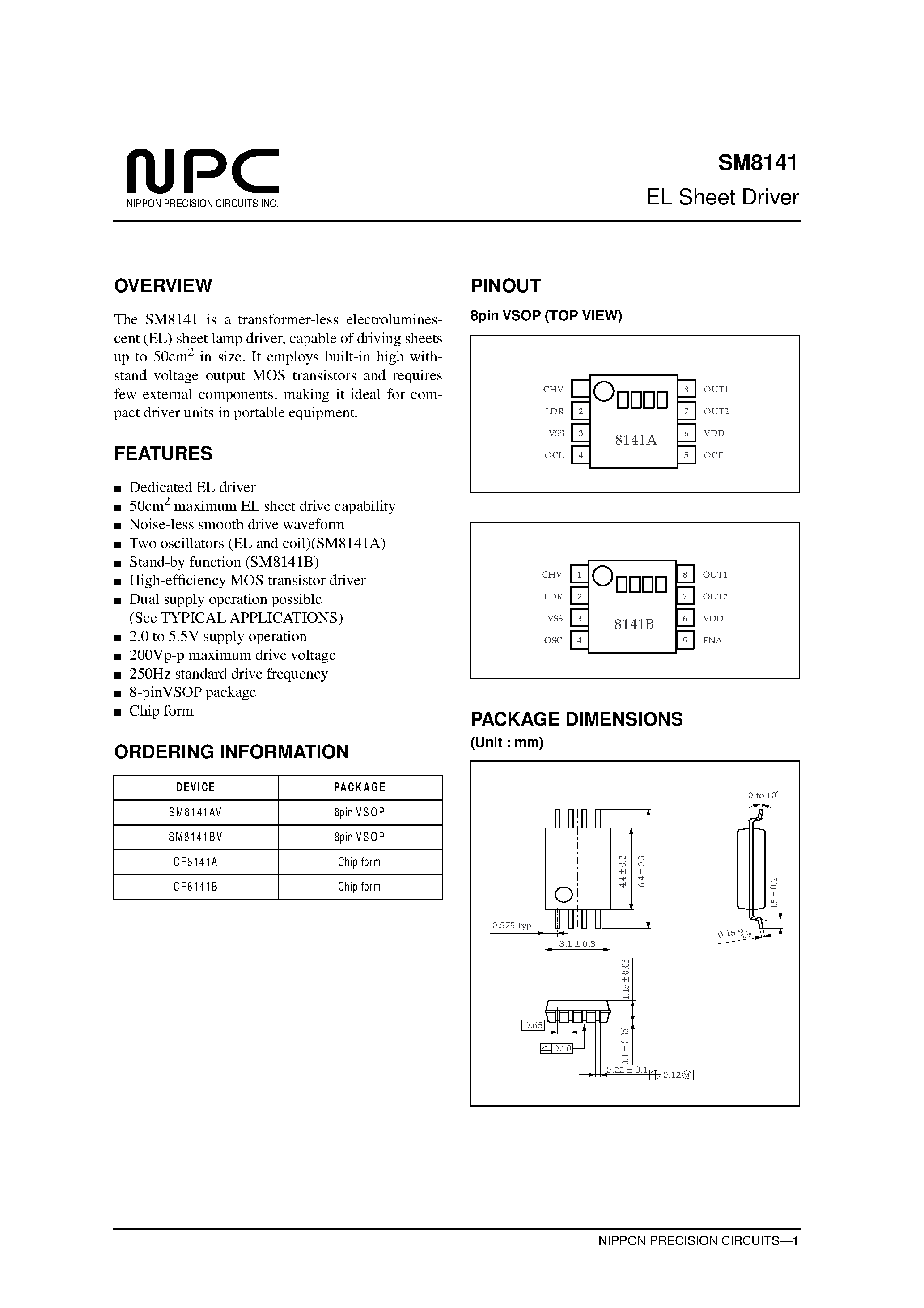 Даташит на микросхему SM8141 страница 1 Даташит SM8141 - EL Sheet Driver страница 1