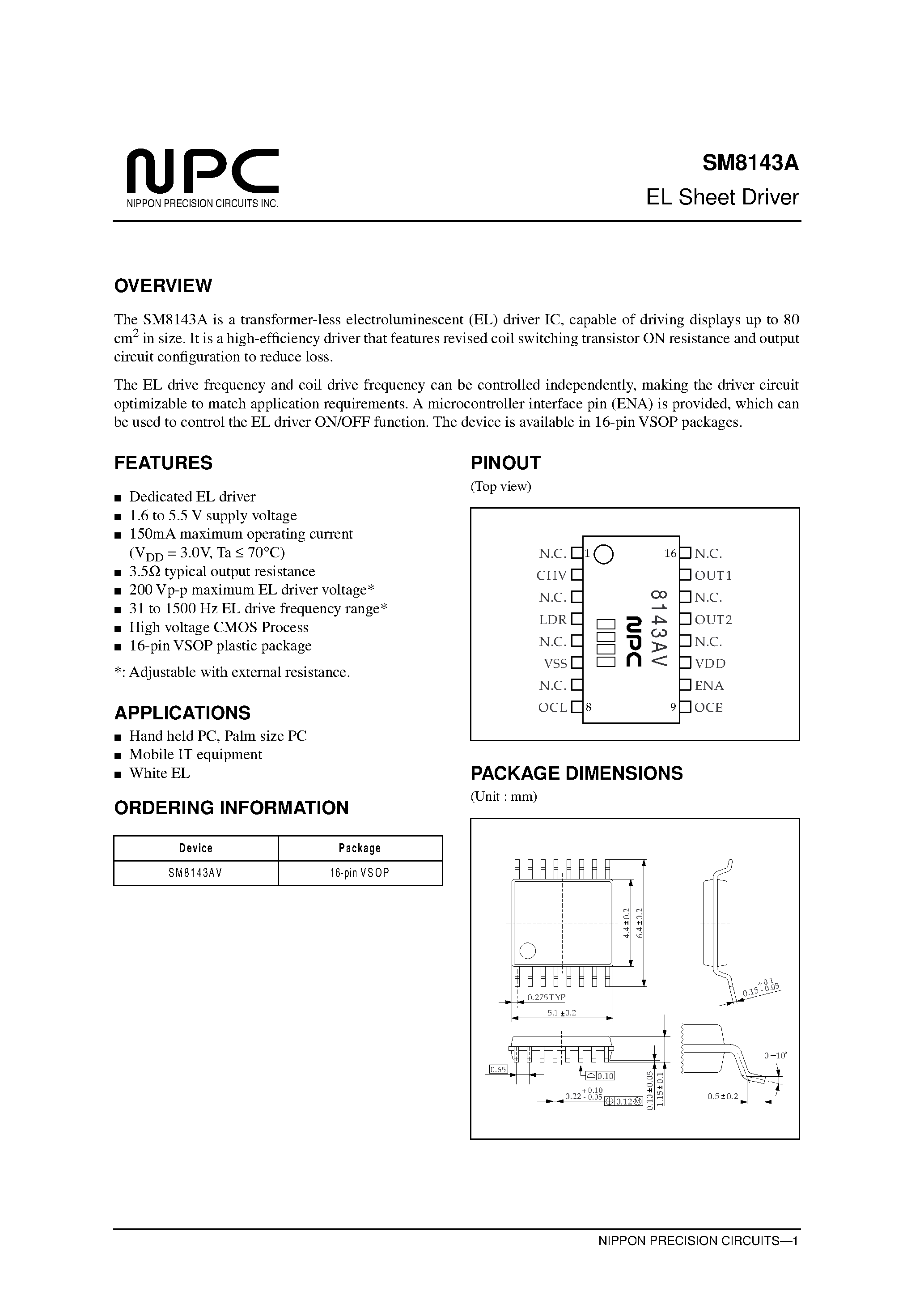 Datasheet SM8143AV page 1 Datasheet SM8143AV - EL Sheet Driver page 1