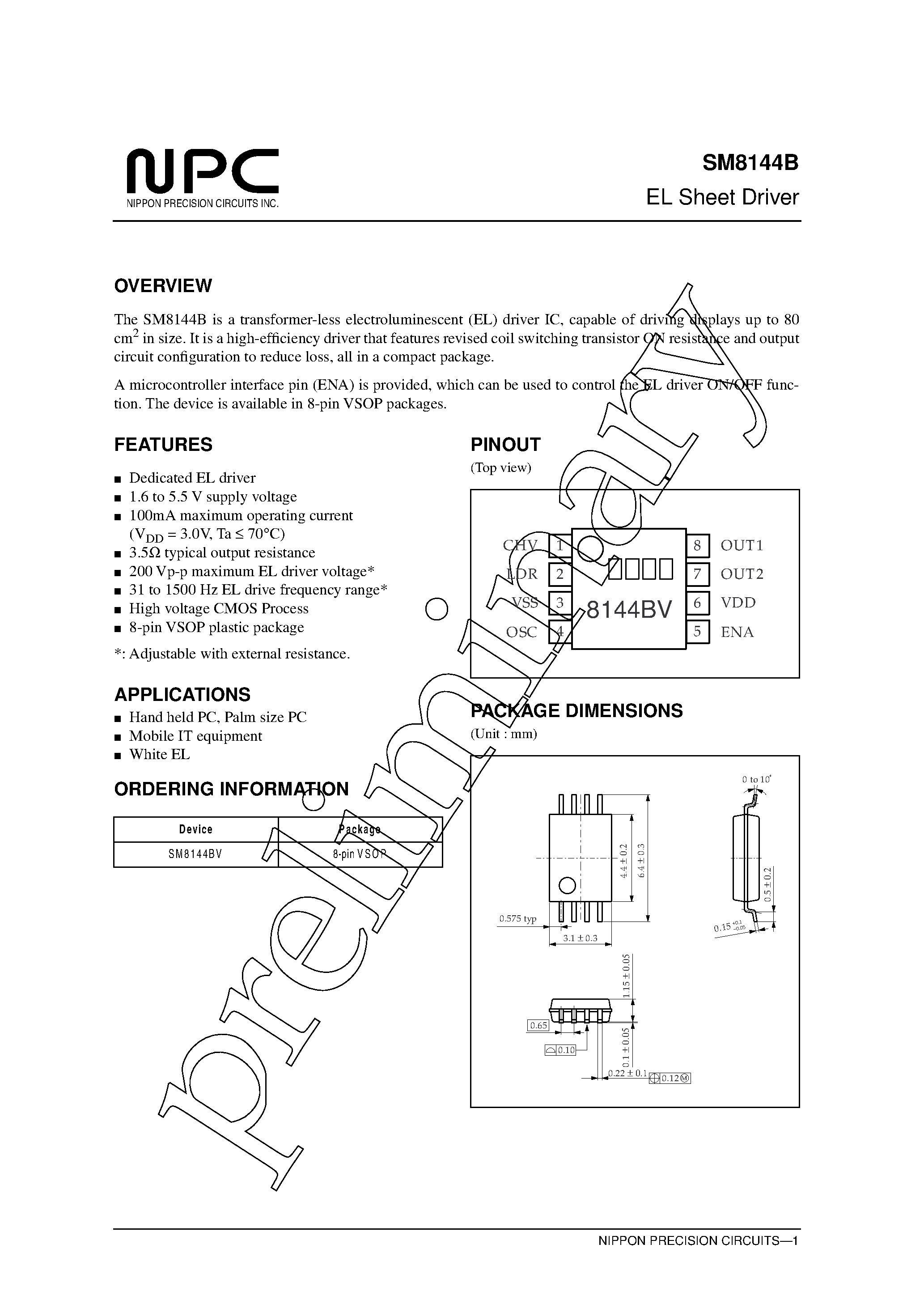 Datasheet SM8144BV - EL Sheet Driver page 1
