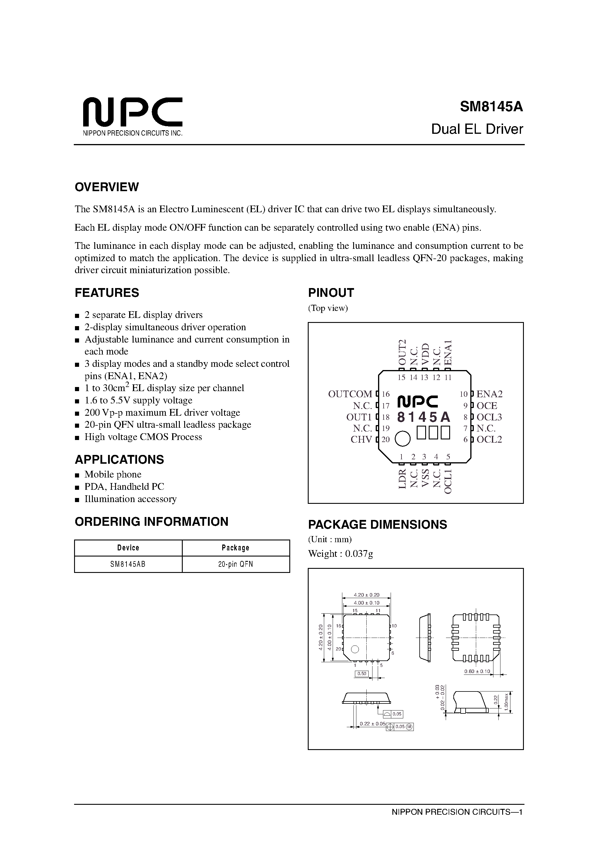Datasheet SM8145A - Dual EL Driver page 1