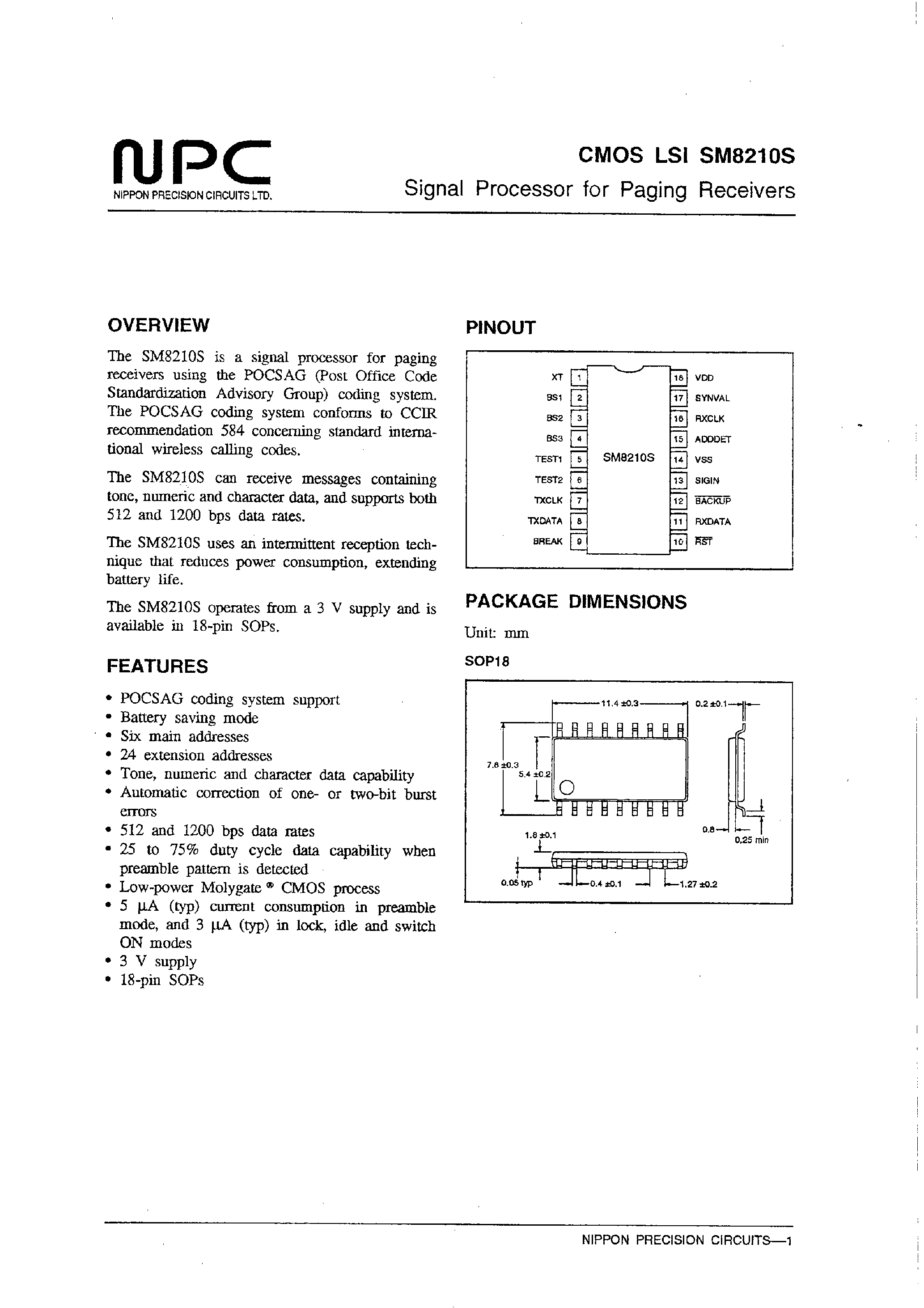 Datasheet SM8210 page 1 Datasheet SM8210 - Signal Processor for Paging Receivers page 1