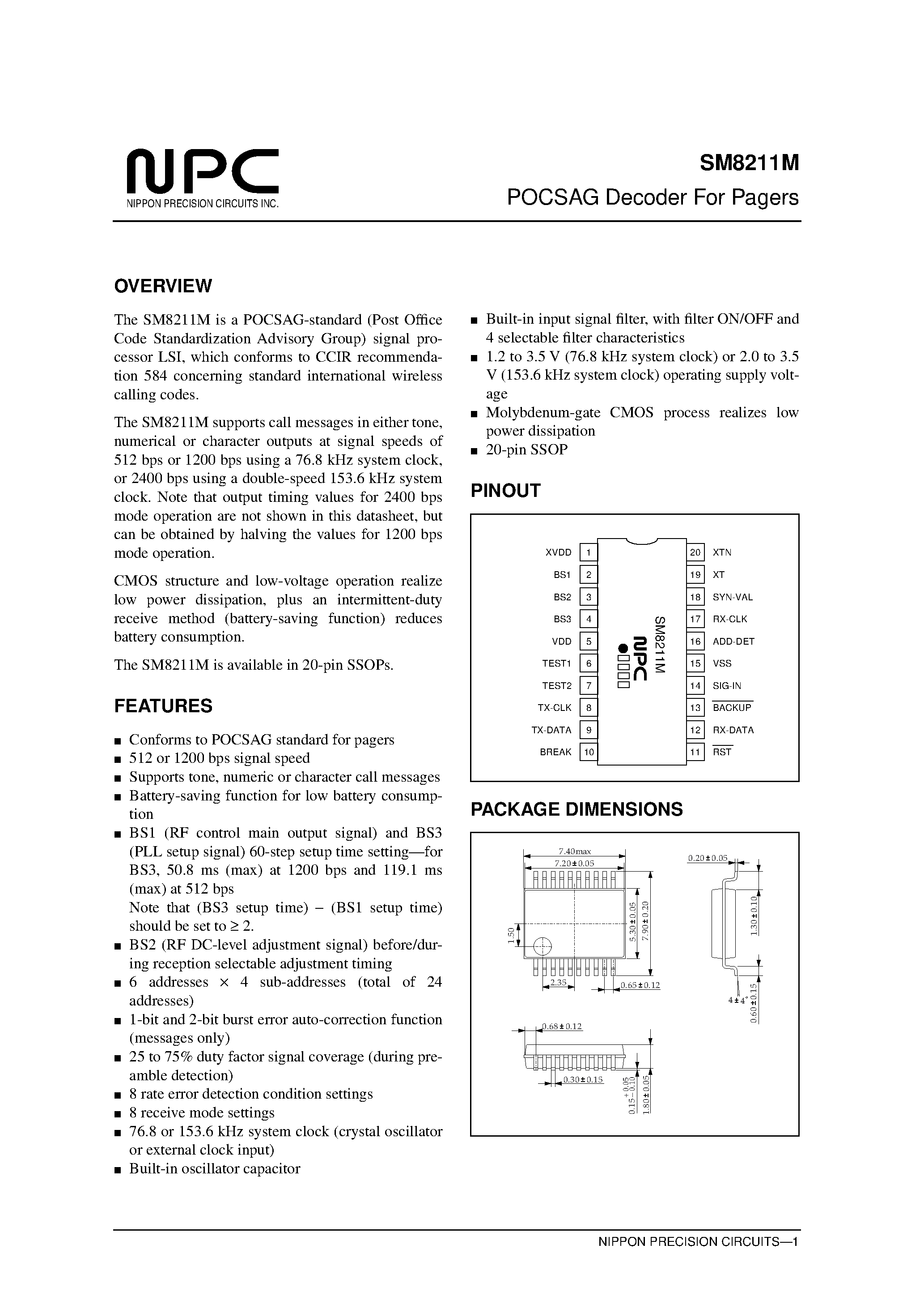 Datasheet SM8211 page 1 Datasheet SM8211 - POCSAG Decoder For Pagers page 1