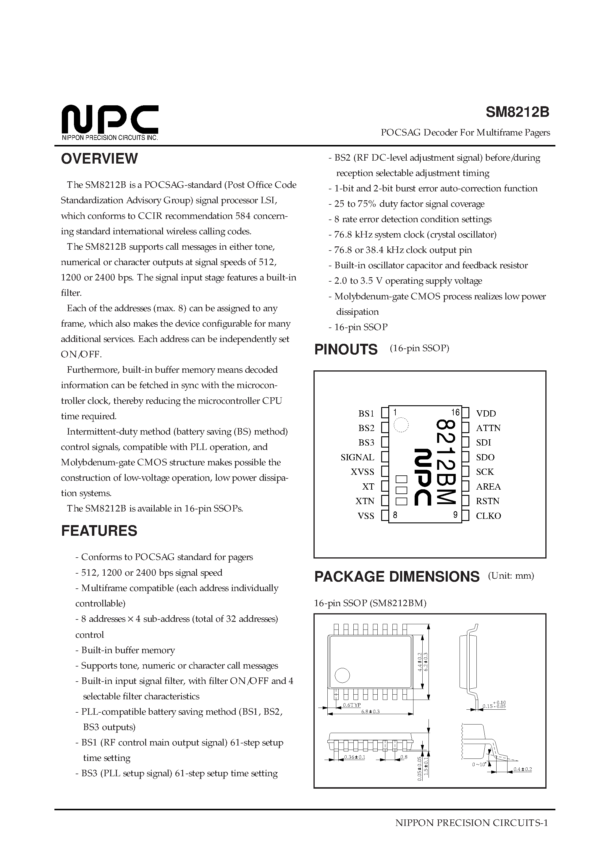 Datasheet SM8212B page 1 Datasheet SM8212B - POCSAG Decoder For Multiframe Pagers page 1