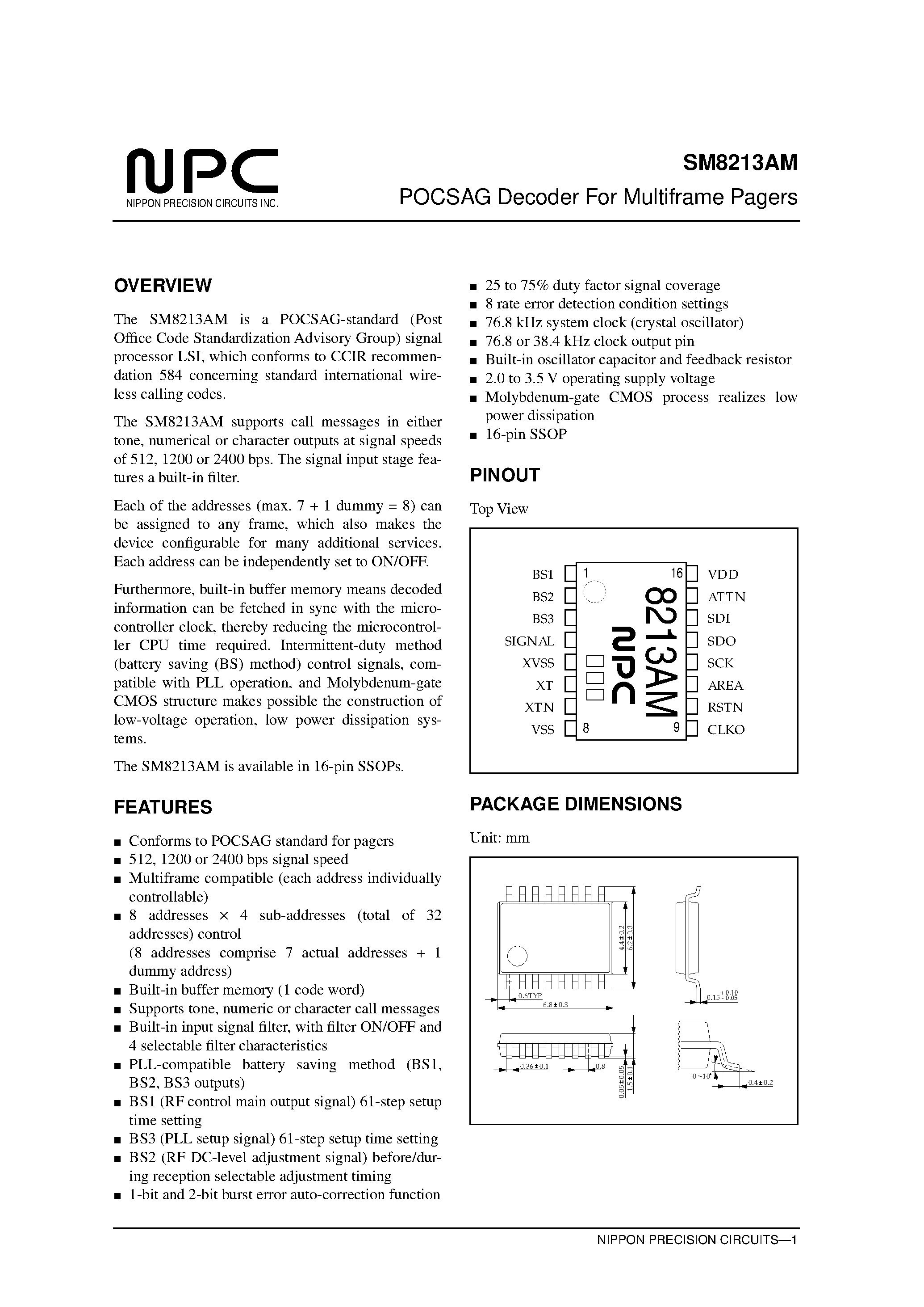 Datasheet SM8213AM page 1 Datasheet SM8213AM - POCSAG Decoder For Multiframe Pagers page 1