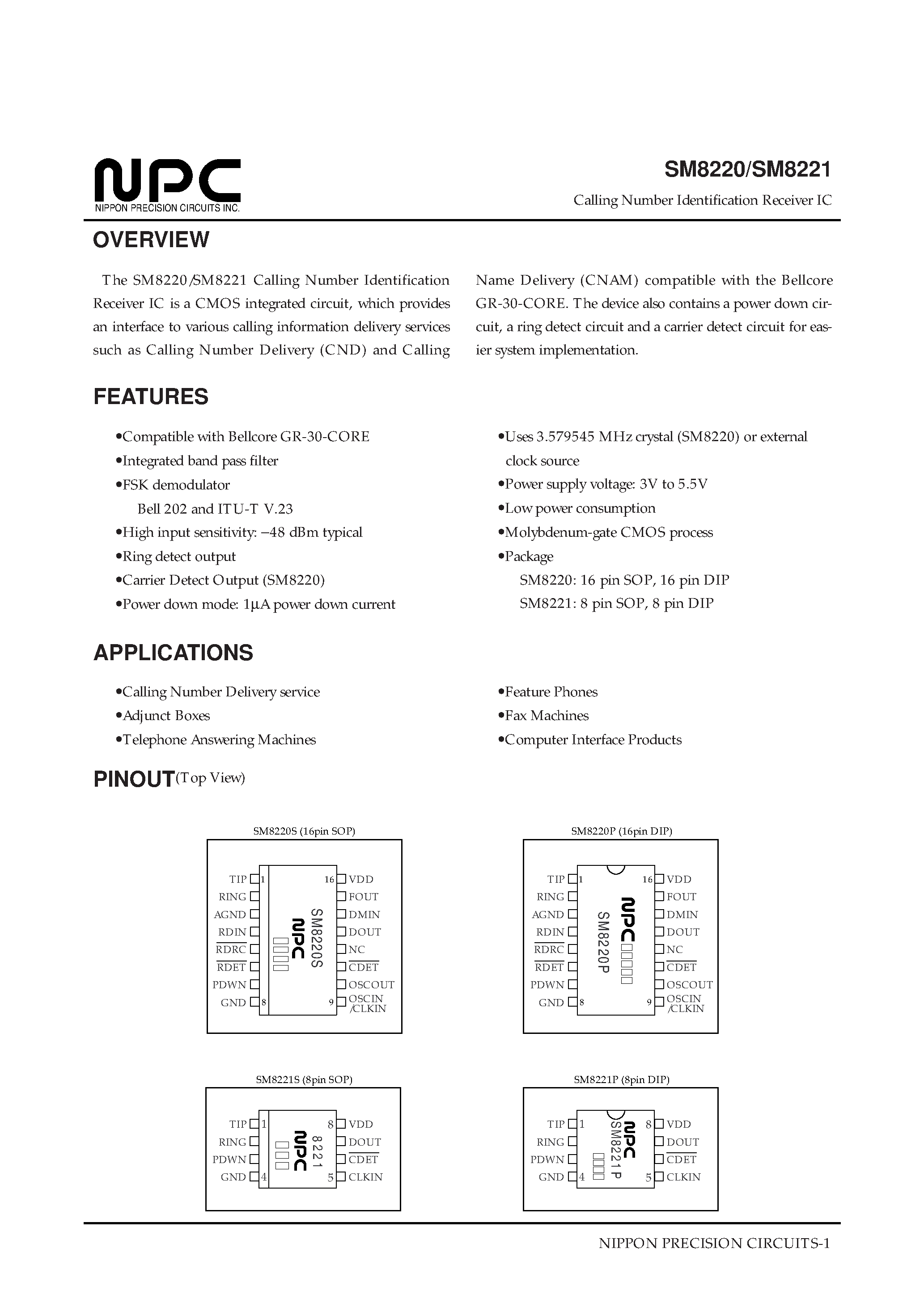 Datasheet SM8221 page 1 Datasheet SM8221 - Calling Number Identification Receiver IC page 1