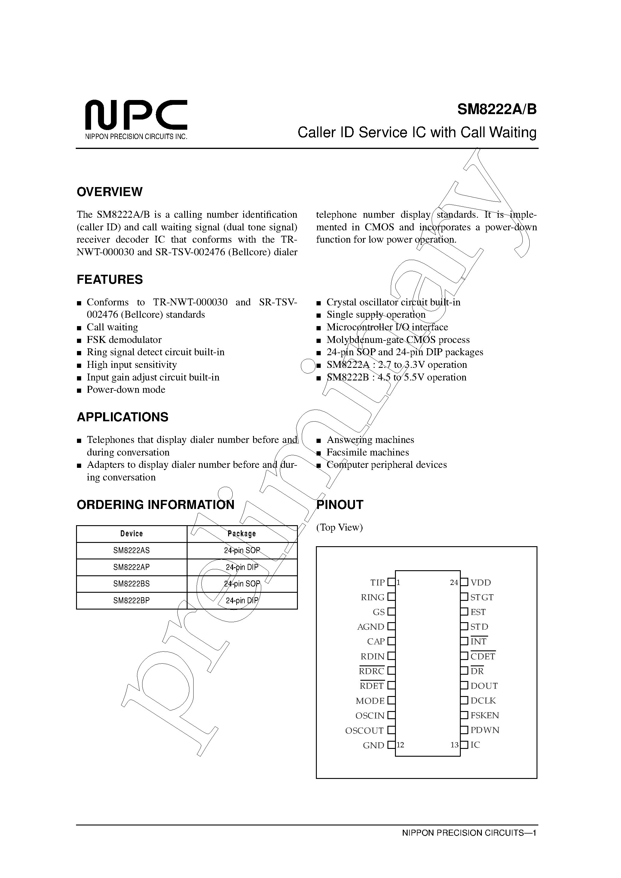 Datasheet SM8222AP page 1 Datasheet SM8222AP - Caller ID Service IC with Call Waiting page 1