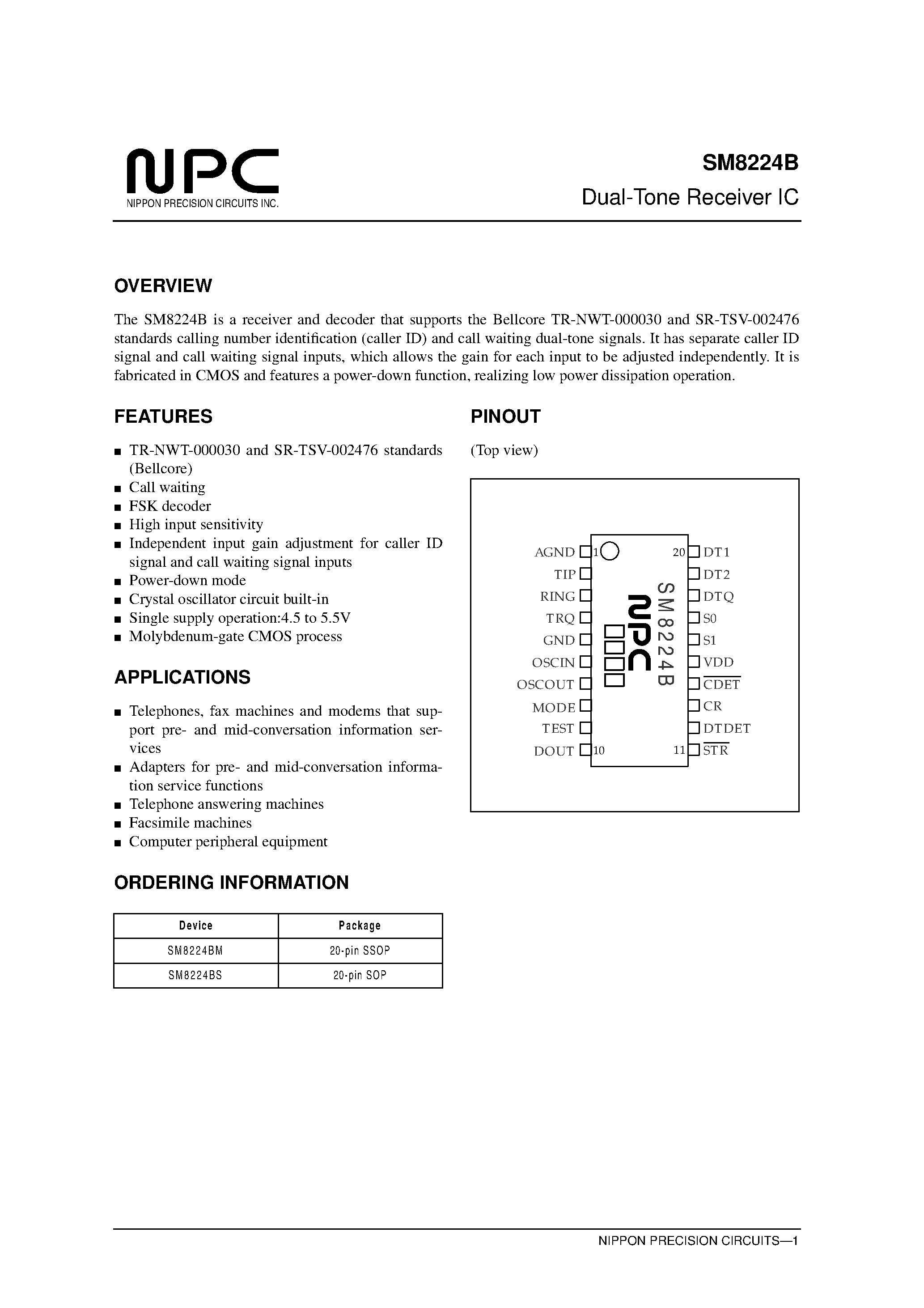 Datasheet SM8224 page 1 Datasheet SM8224 - Dual-Tone Receiver IC page 1