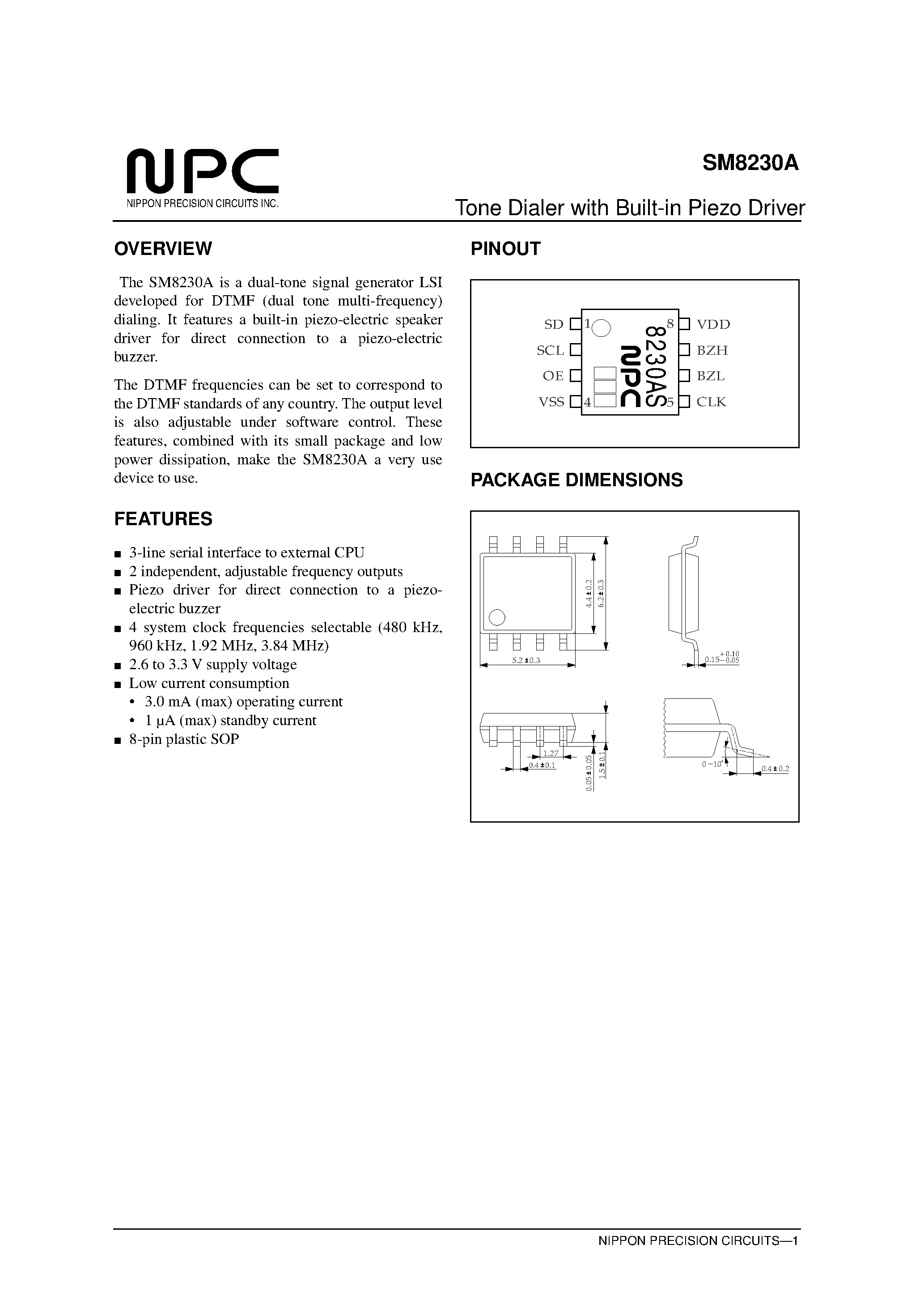 Datasheet SM8230A - Tone Dialer with Built-in Piezo Driver page 1