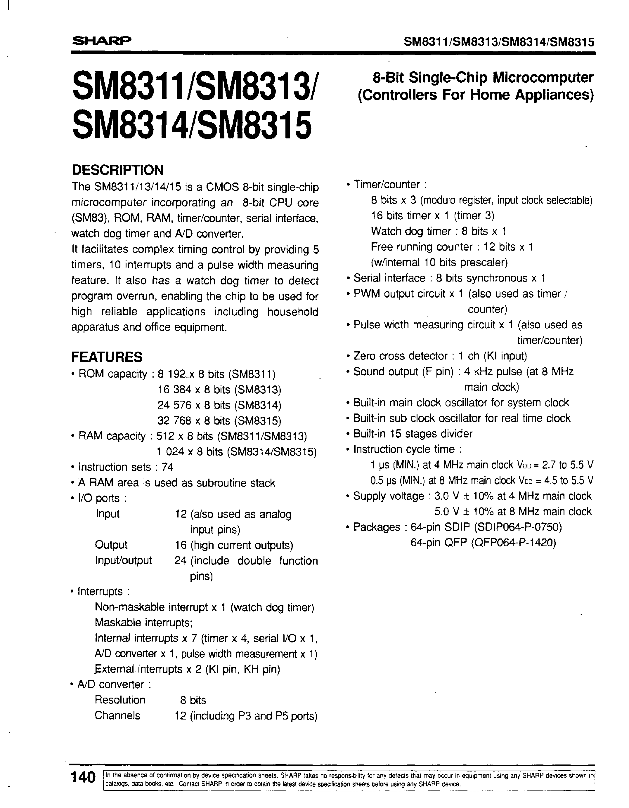 Datasheet SM8314 - 8-Bit Single-Chip Microcomputer(Controllers For Home Appliances) page 1