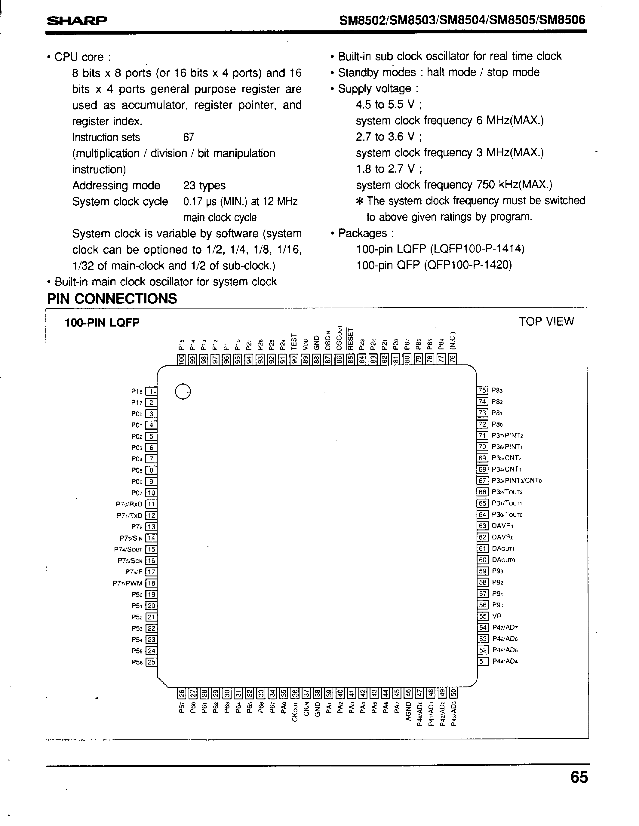 Datasheet SM8504 - 8-Bit Single-Chip Microcomputer(Controllers For General Purpose) page 2