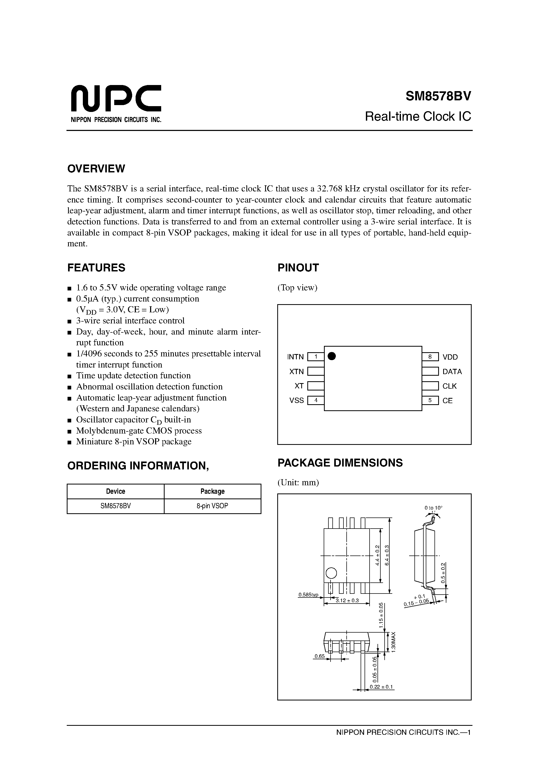 Datasheet SM8578BV page 1 Datasheet SM8578BV - Real-time Clock IC page 1