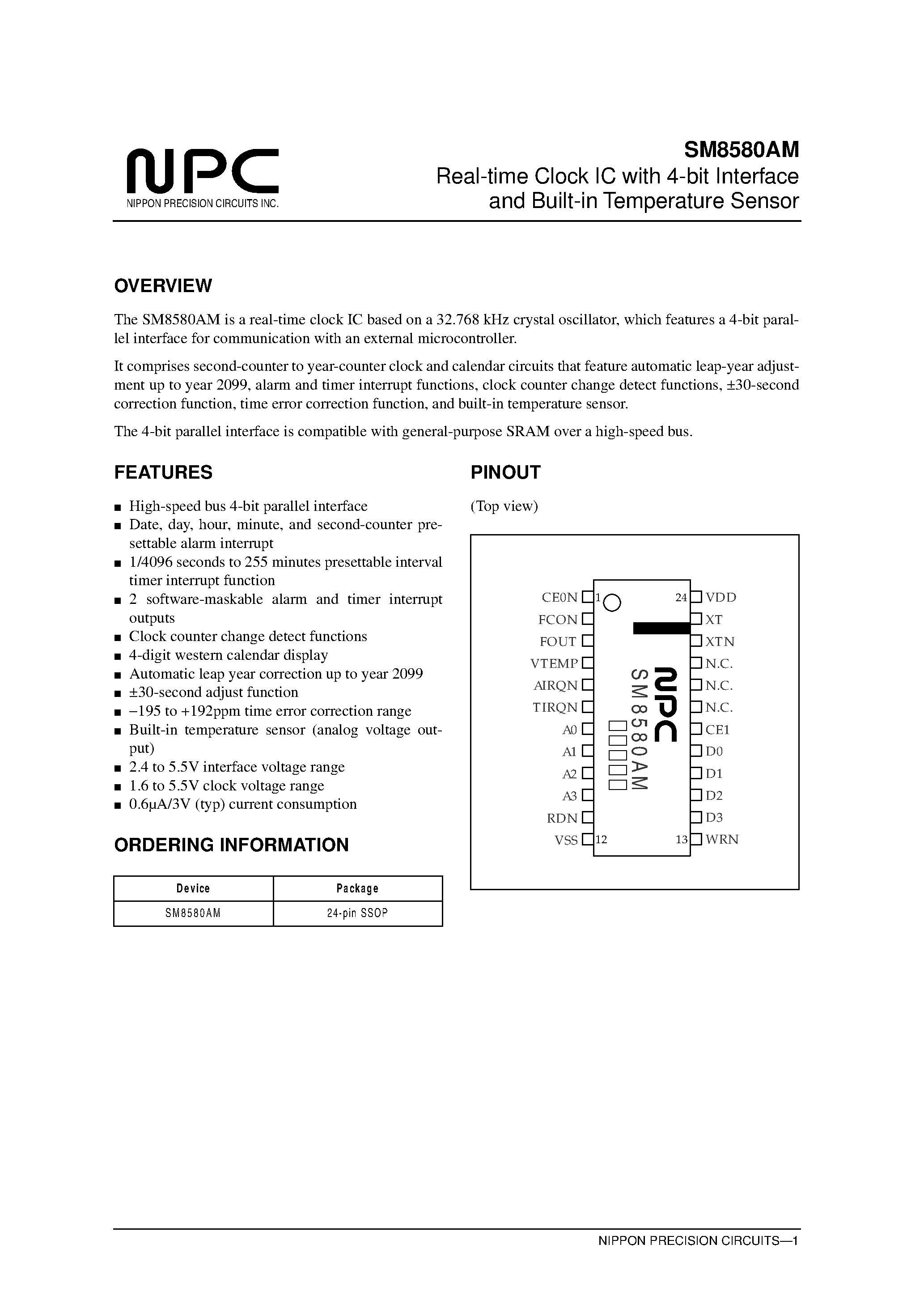 Datasheet SM8580AM page 1 Datasheet SM8580AM - Real-time Clock IC with 4-bit Interface and Built-in Temperature Sensor page 1