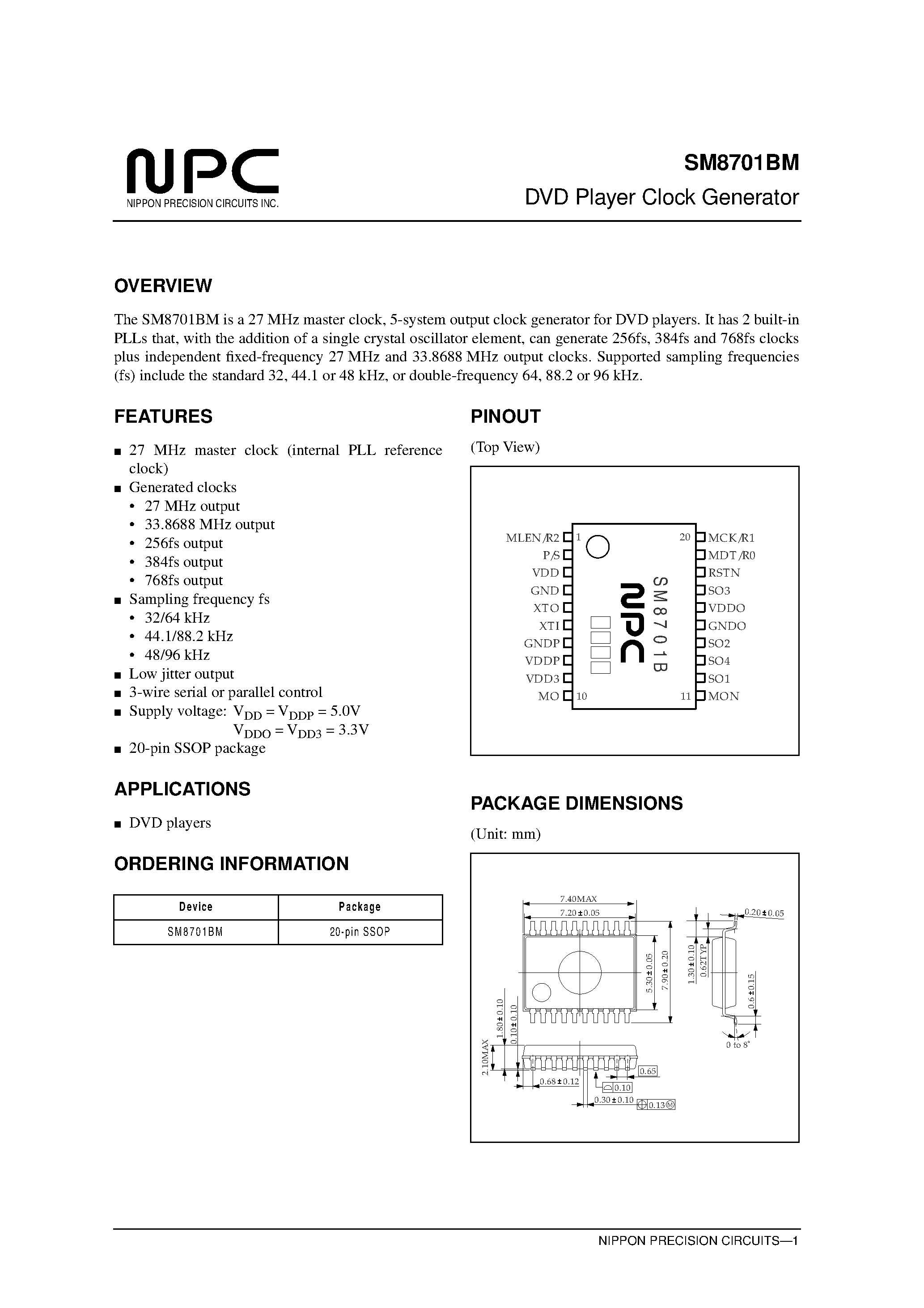 Datasheet SM8701 page 1 Datasheet SM8701 - DVD Player Clock Generator page 1