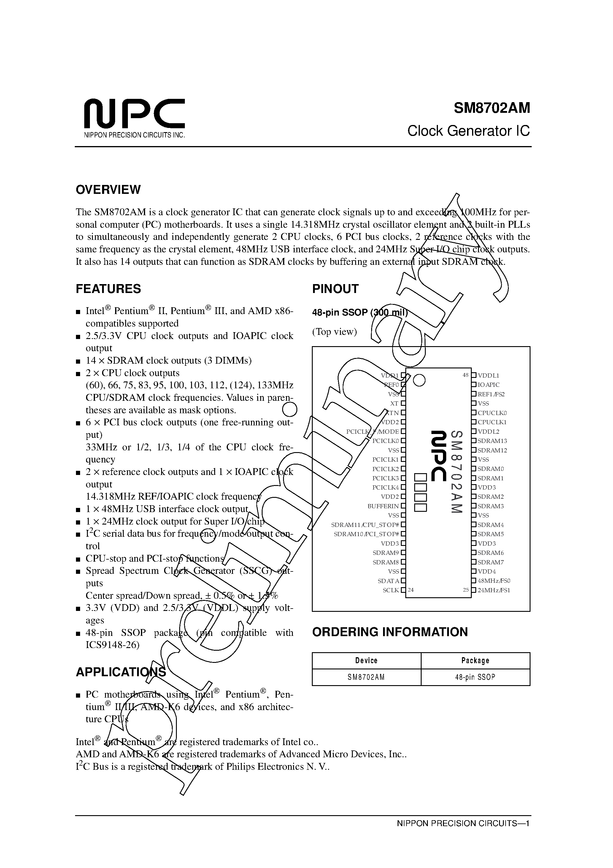 Datasheet SM8702AM page 1 Datasheet SM8702AM - Clock Generator IC page 1