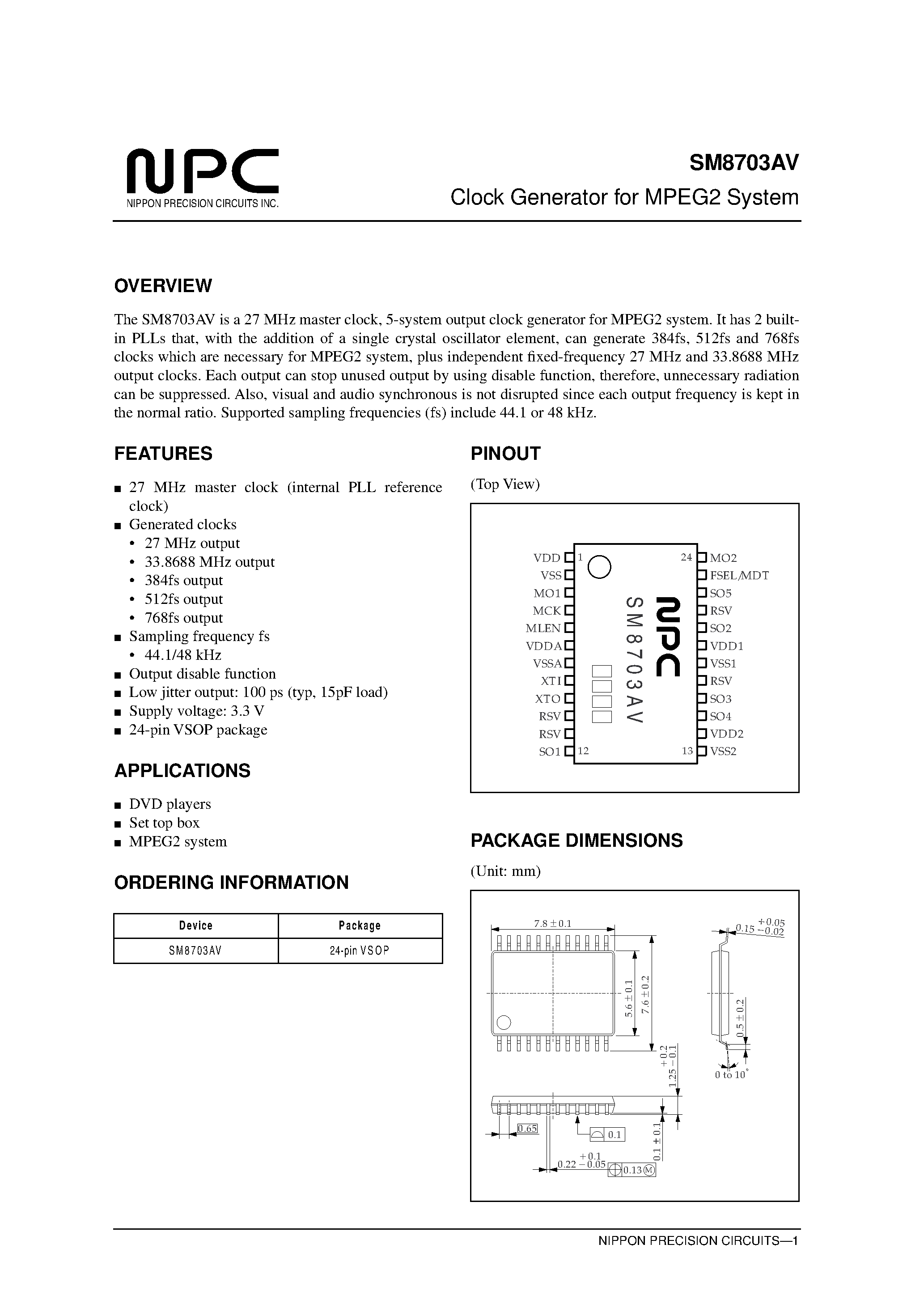 Datasheet SM8703AV page 1 Datasheet SM8703AV - Clock Generator for MPEG2 System page 1