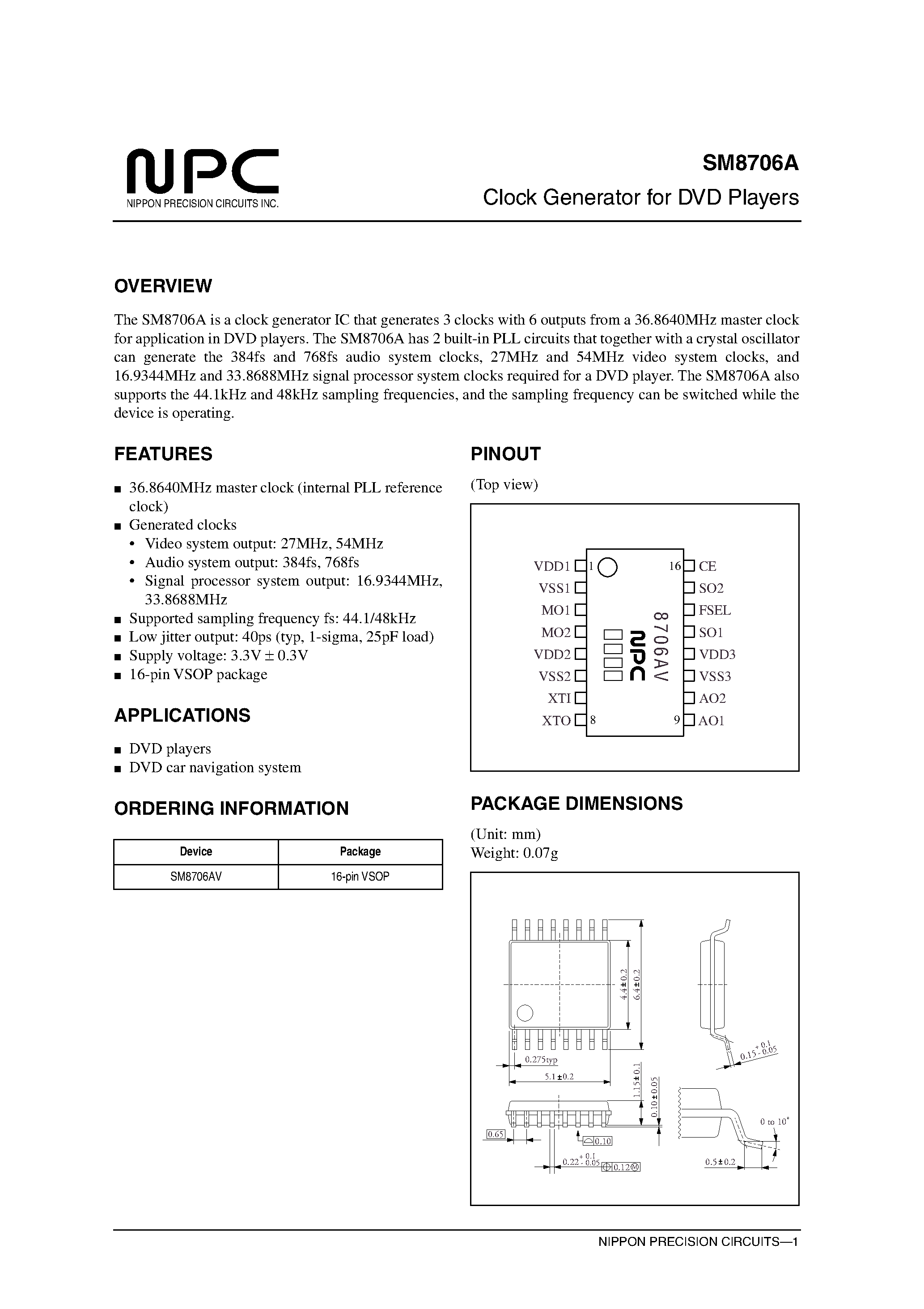 Datasheet SM8706AV page 1 Datasheet SM8706AV - Clock Generator for DVD Players page 1