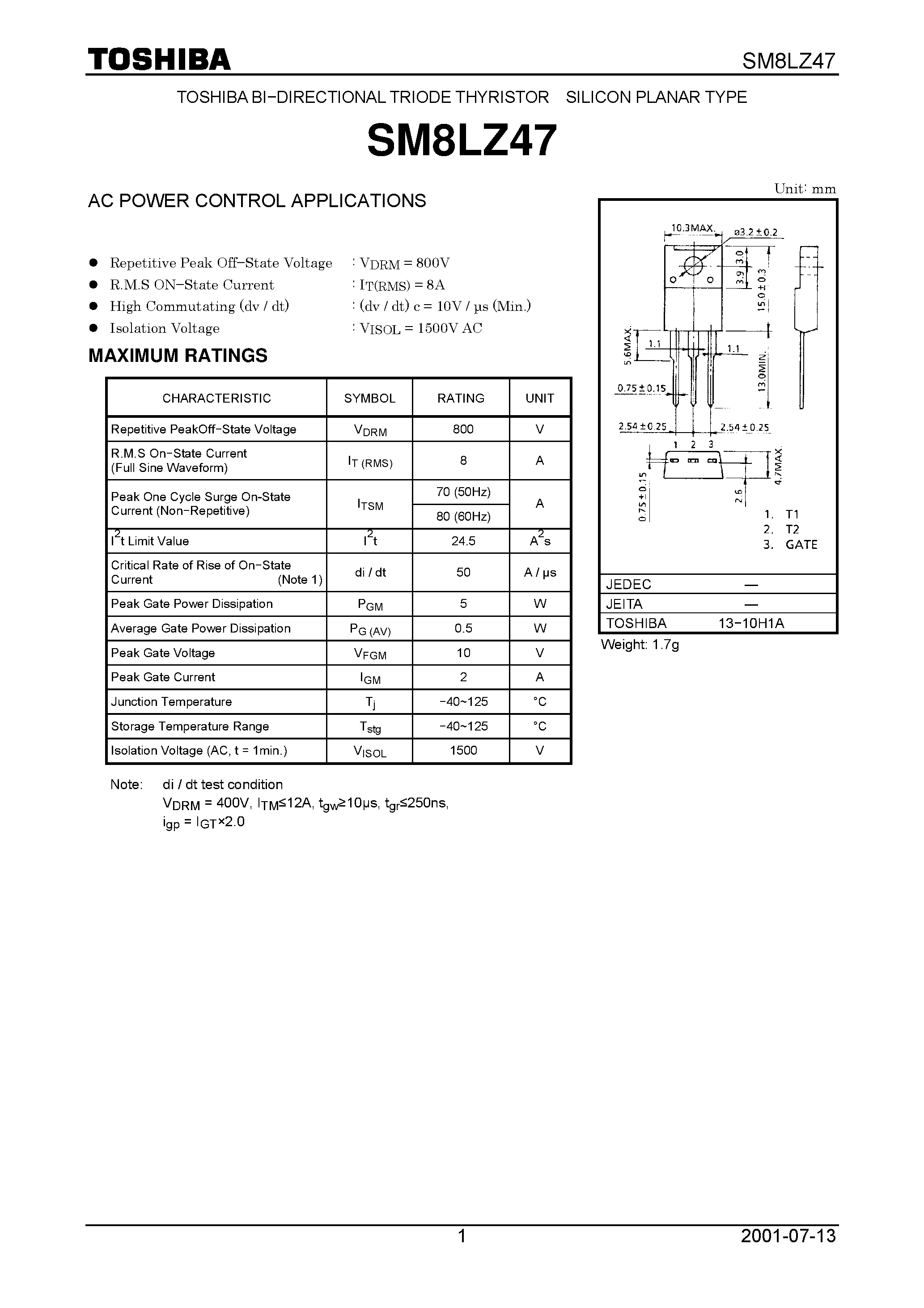 Datasheet SM8LZ47 - TOSHIBA BI&#8722;DIRECTIONAL TRIODE THYRISTOR SILICON PLANAR TYPE page 1