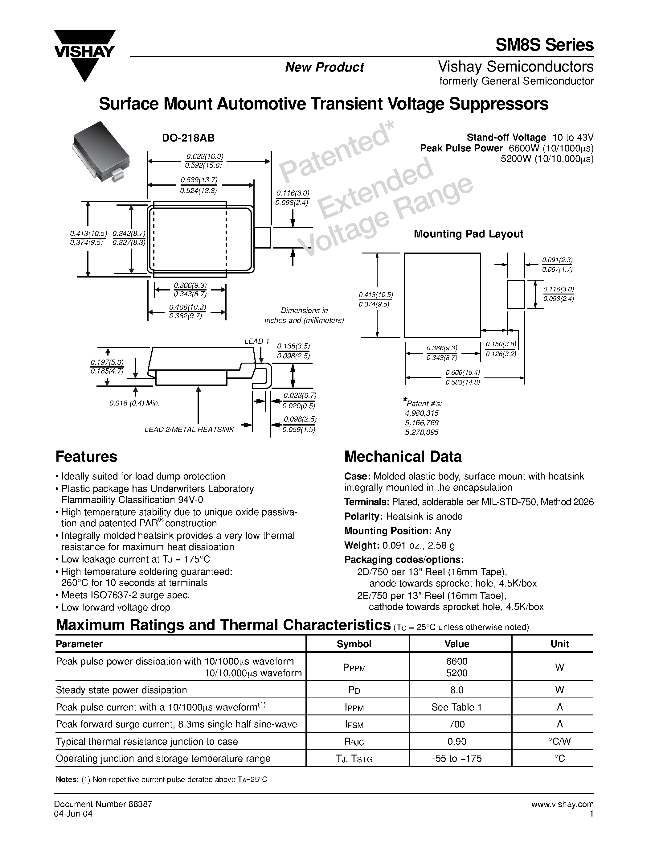 Datasheet SM8S26A page 1 Datasheet SM8S26A - Surface Mount Automotive Transient Voltage Suppressors page 1