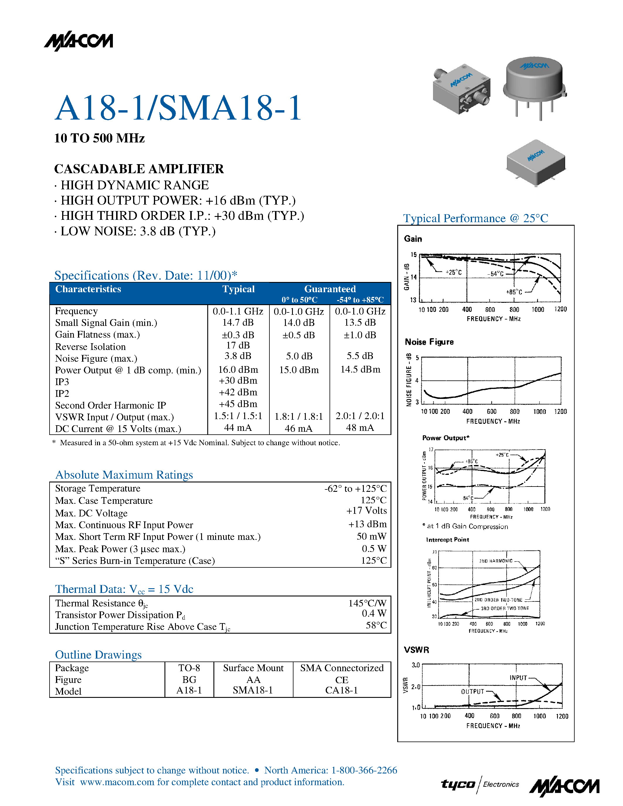 Datasheet SMA18-1 page 1 Datasheet SMA18-1 - 10 TO 500 MHz CASCADABLE AMPLIFIER page 1