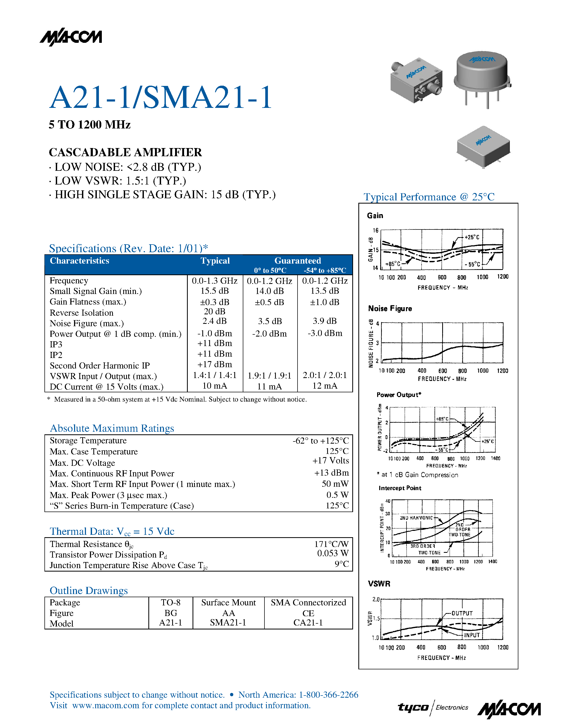 Datasheet SMA21-1 - 5 TO 1200 MHz CASCADABLE AMPLIFIER page 1