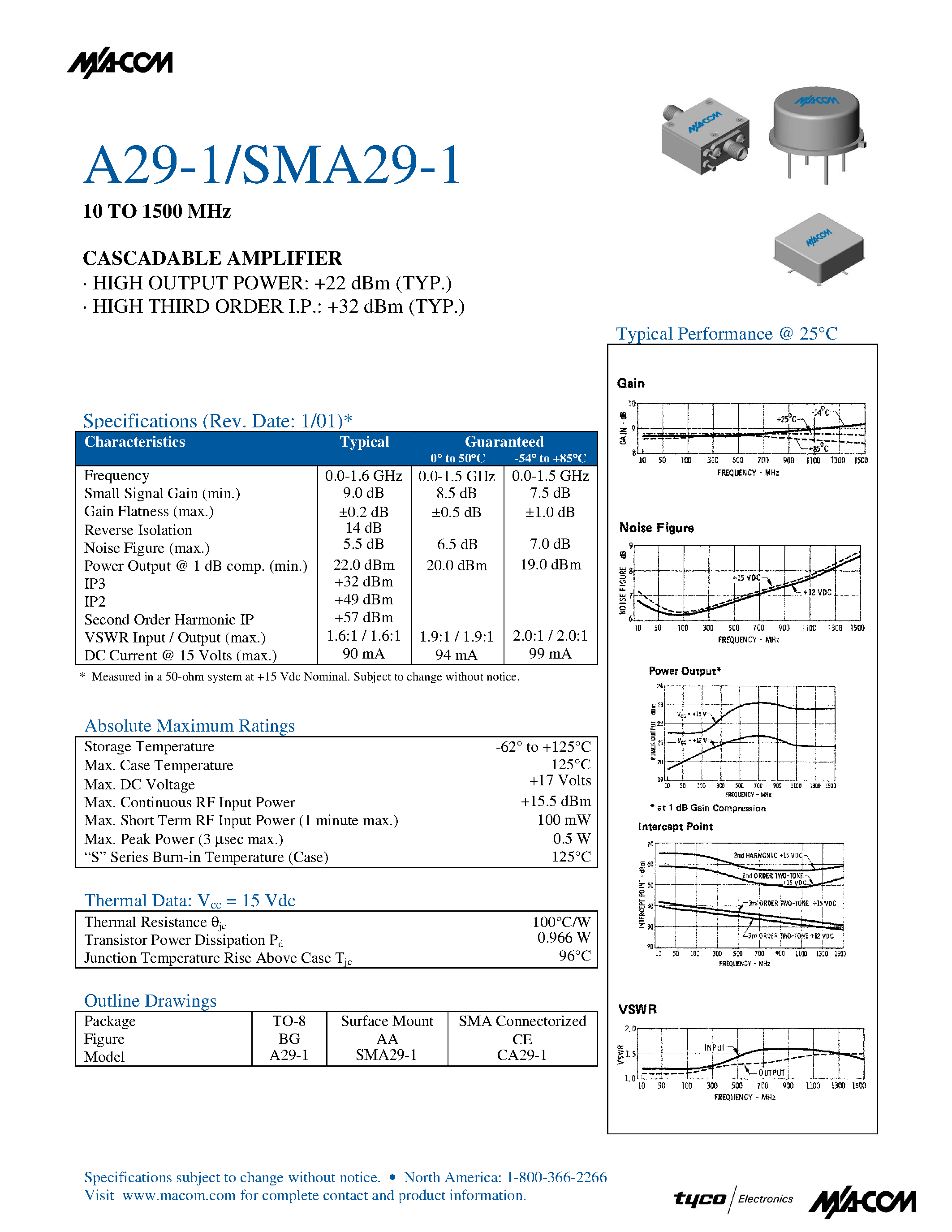 Datasheet SMA29-1 page 1 Datasheet SMA29-1 - 10 TO 1500 MHz CASCADABLE AMPLIFIER page 1