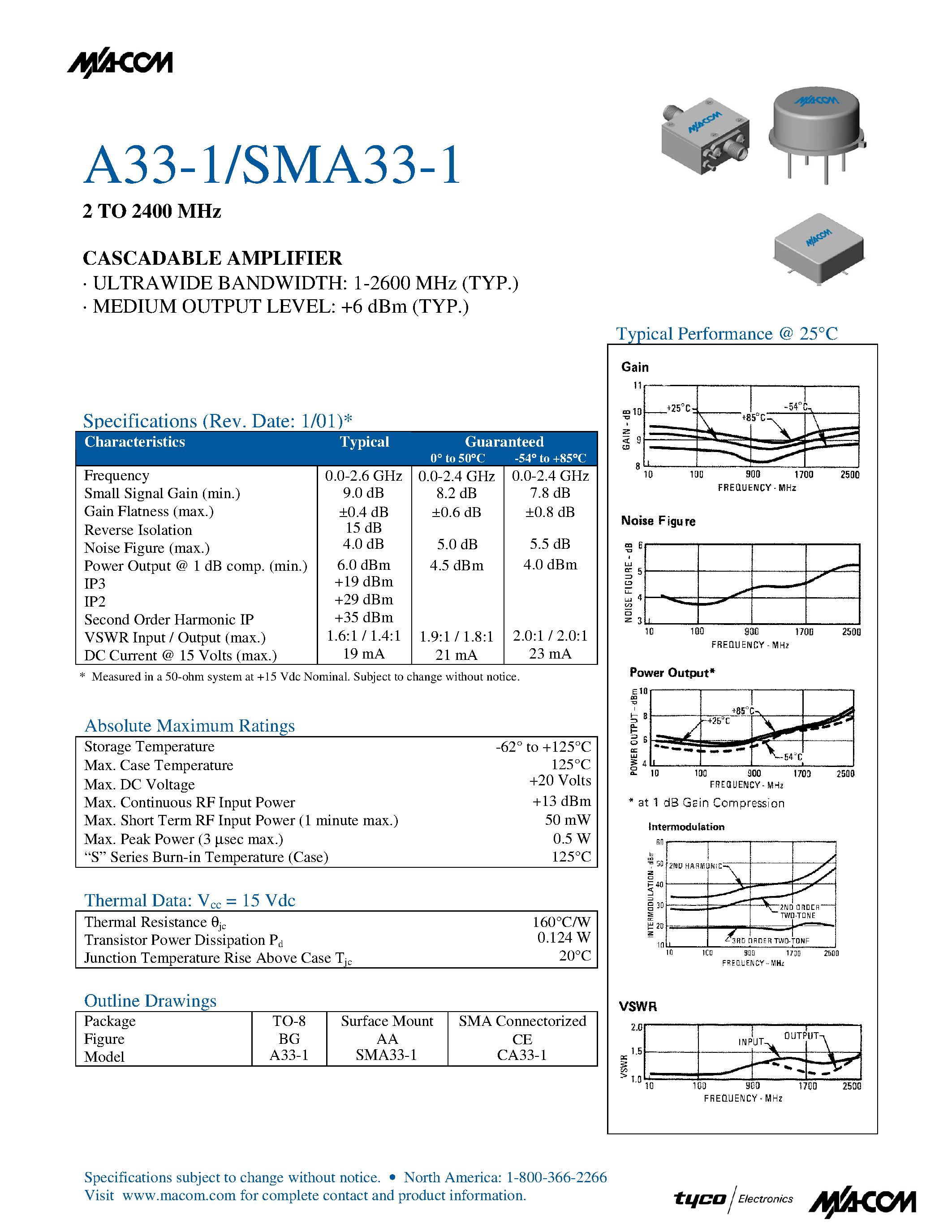 Datasheet SMA33-1 - 2 TO 2400 MHz CASCADABLE AMPLIFIER page 1
