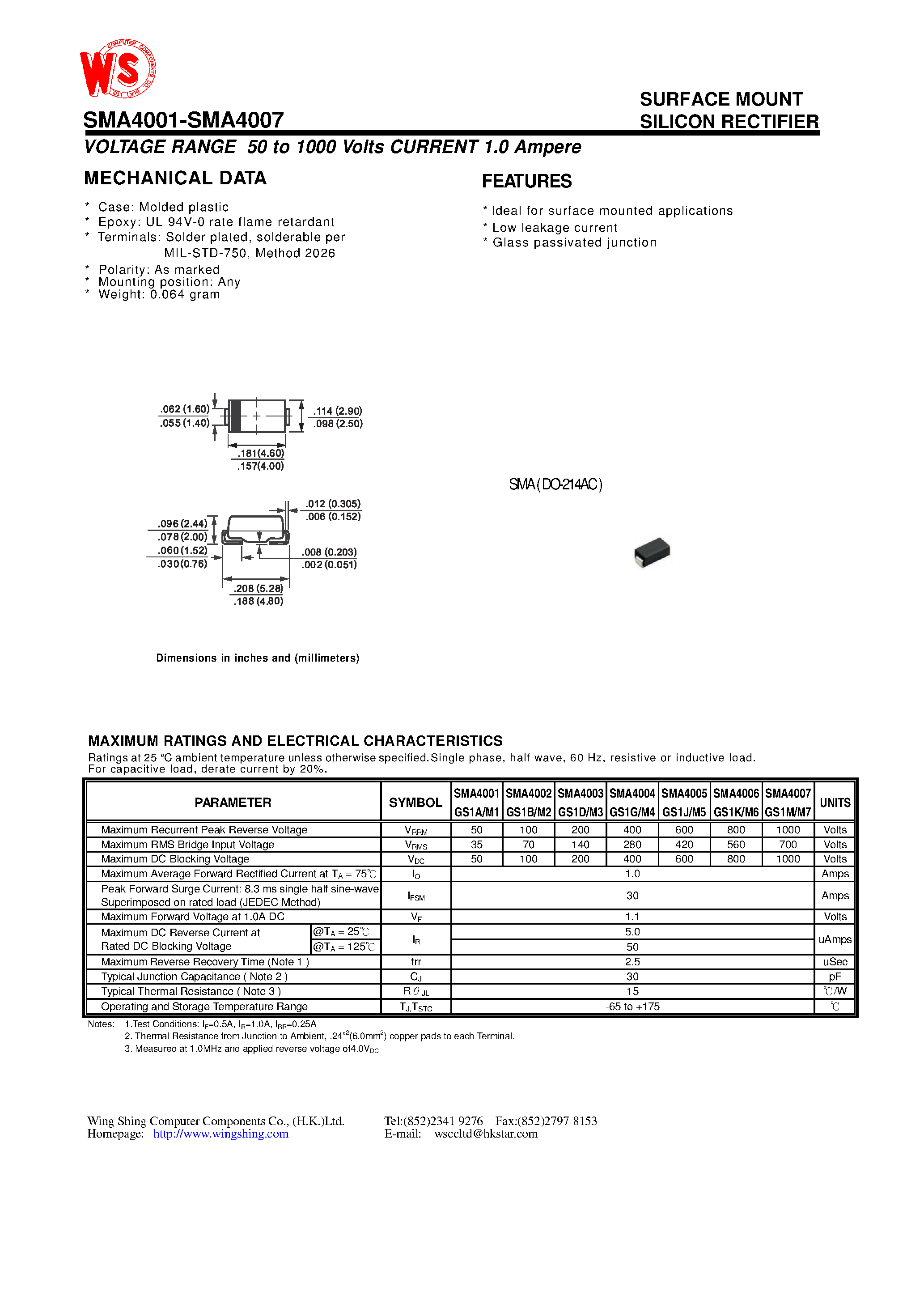 Datasheet SMA4005GS1J/M5 - SURFACE MOUNT SILICON RECTIFIER(VOLTAGE RANGE 50 to 1000 Volts CURRENT 1.0 Ampere) page 1
