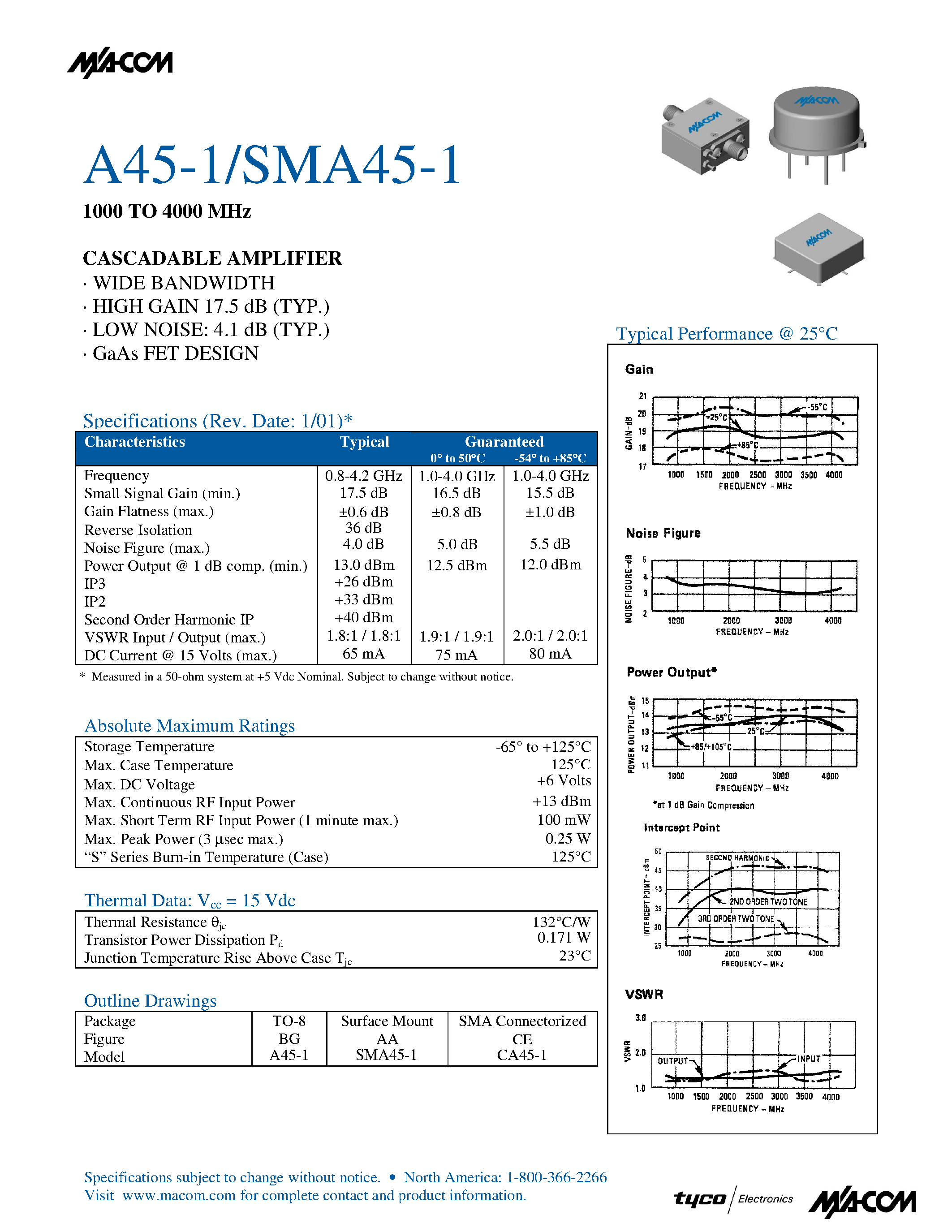 Datasheet SMA45-1 page 1 Datasheet SMA45-1 - 1000 TO 4000 MHz CASCADABLE AMPLIFIER page 1