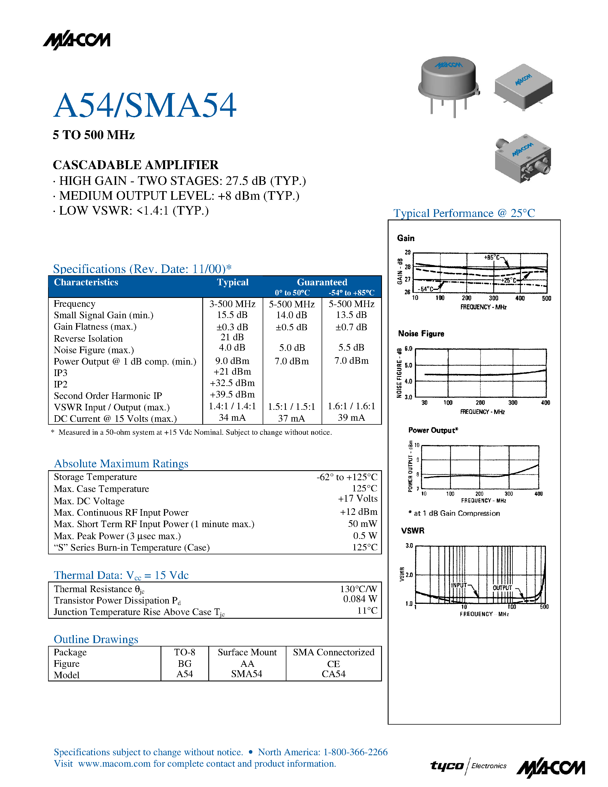 Datasheet SMA54 - 5 TO 500 MHz CASCADABLE AMPLIFIER page 1